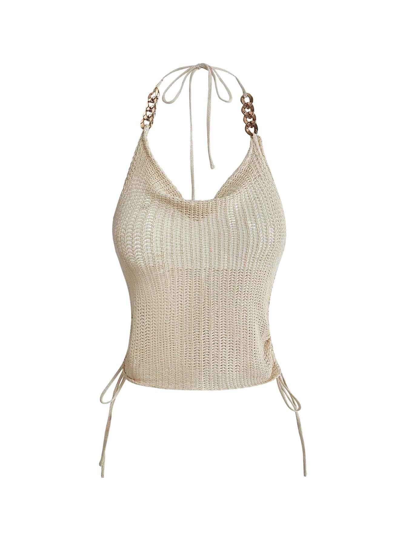 MakeMeChic Women's Boho Crochet Halter Top Sleeveless Drawstring Draped Open Back Beach Vacation Tank Tops Sleeveless