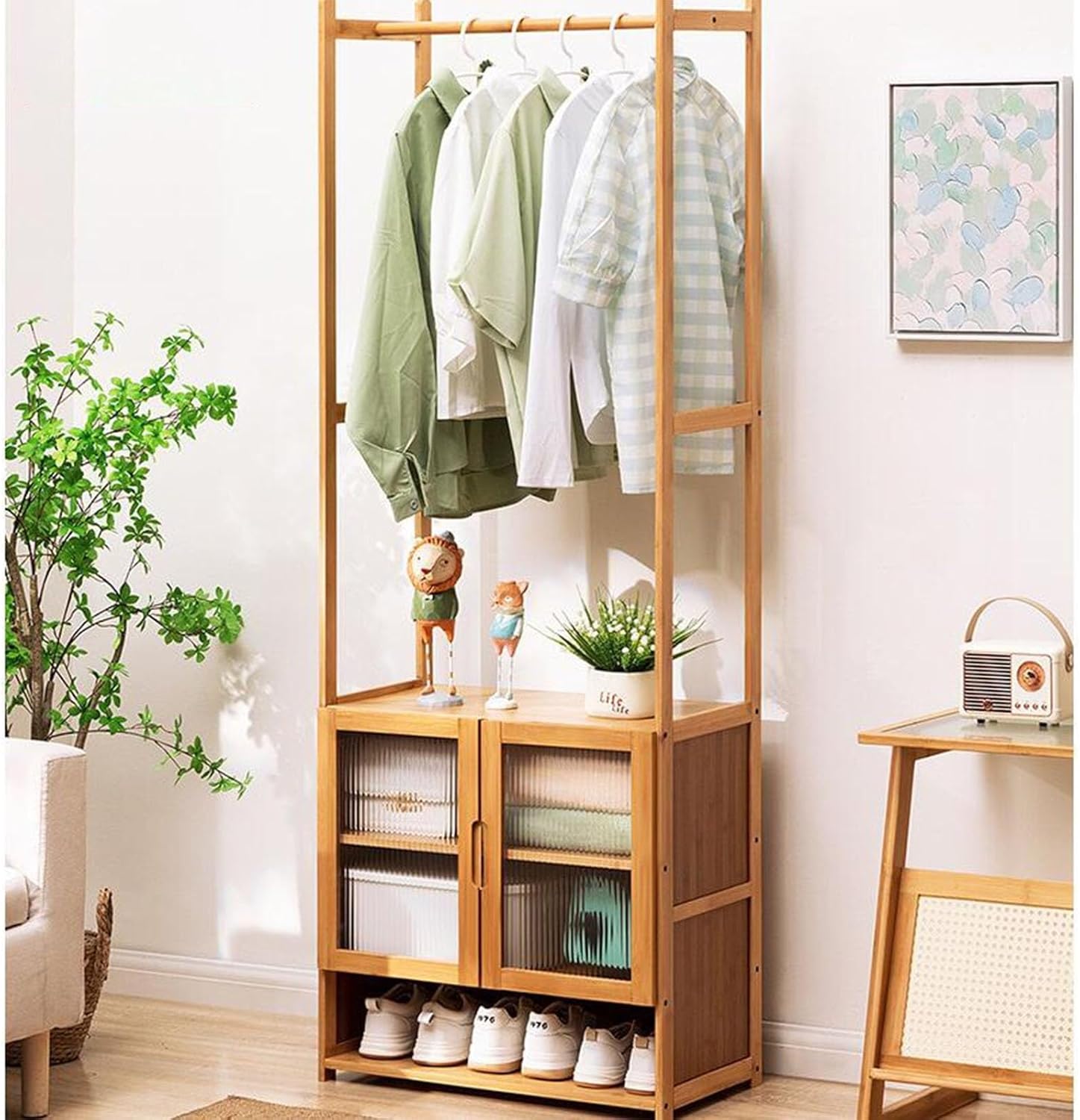 4-in-1 Rustic Hall Tree with Bench, Rattan Style Coat Rack & Shoe Storage Cabinet, 6/8 Hooks Entryway Organizer(Brown,A 62cm)