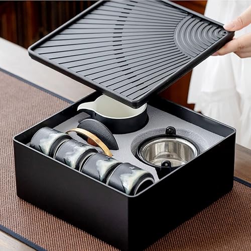 Miniatura 6 de Juego de té Gongfu, estilo japonés Yuan Shan, tetera de cerámica negra con infusor, 4 tazas y 1 taza de servir, paquete de viaje portátil