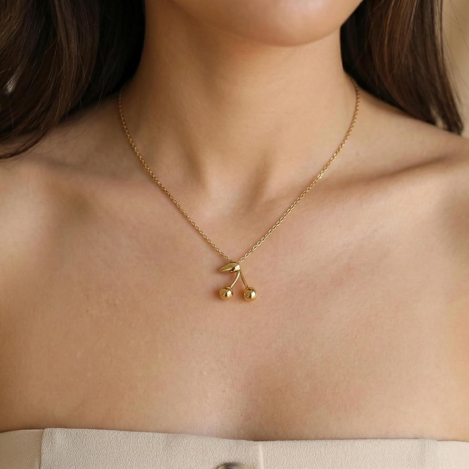 Gold Cherry Necklace for Women Dainty Cute Elegant Fruit Pendant Necklace 18K Gold Plated Trendy Fashion Charm Jewelry Gifts - Image 2