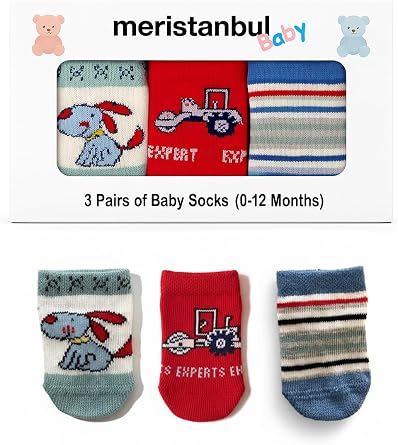 Baby Erkek Bebek  orap Seti 0-12 Ay | 3 l  | Trakt r, K pek ve  izgili Desenli | Yumu ak Pamuklu Bebek  oraplar  | Hediye Kutulu