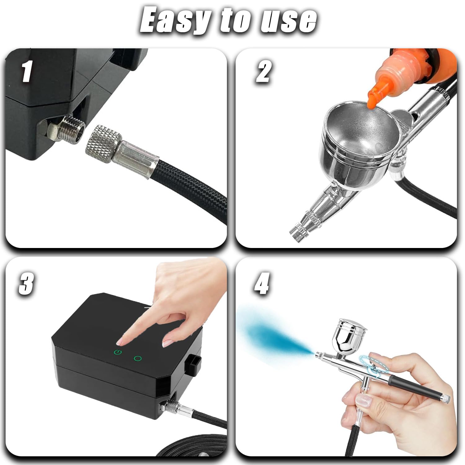 Kit compressore aerografo, 36 psi, doppia azione, non intasamento, ad alta pressione, con ugello da 0,2/0,3/0,5 mm, per nail art, modello, tatuaggio, trucco, torte, include set di pennelli per la