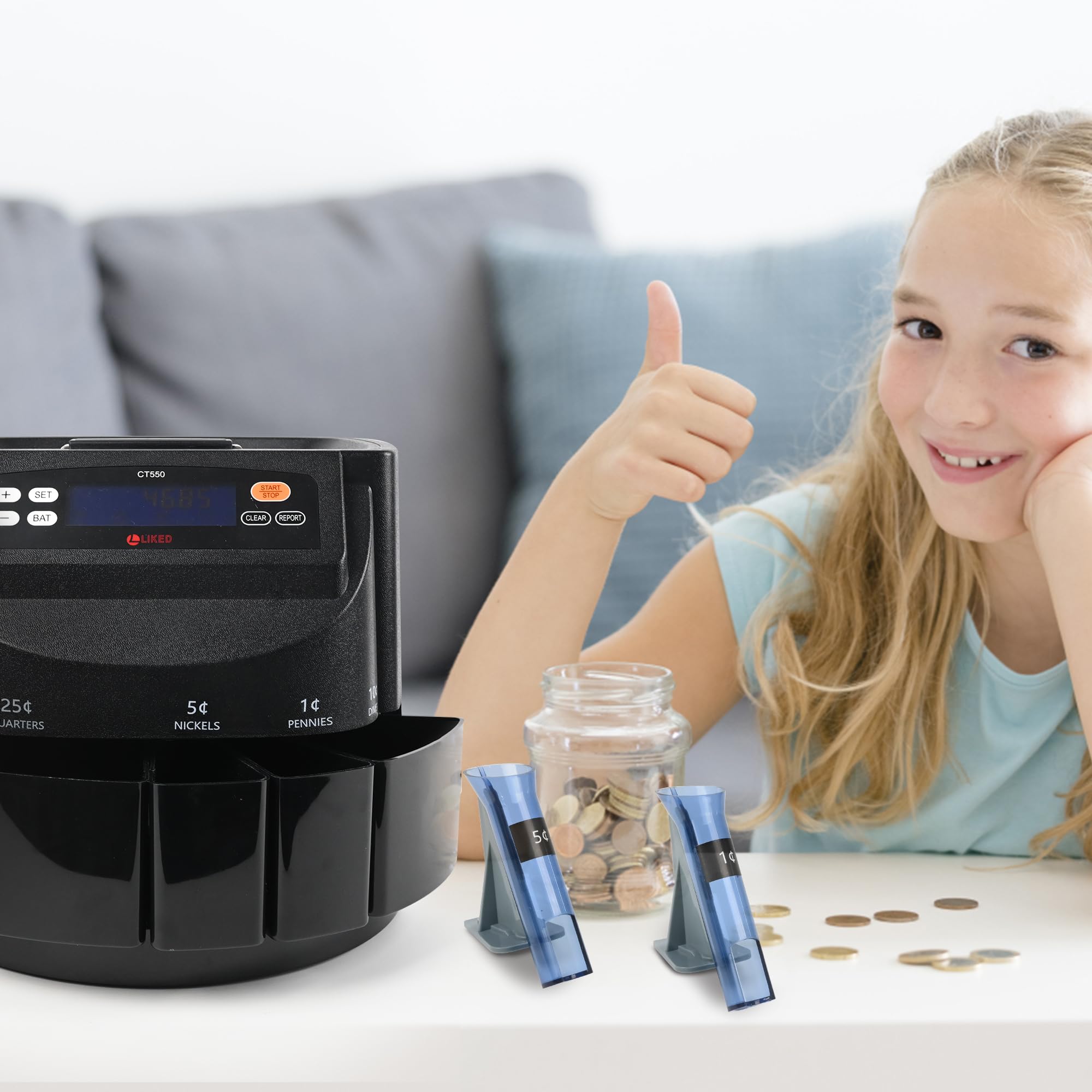 L LIKED CT550 USD - Clasificador de monedas, contador y máquina envolvente, clasificación precisa para níquel, centavos, cuartos, centavos, dólares, viene con 50 envoltorios realizados, 270 monedas