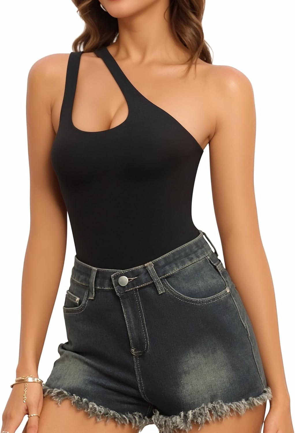 MANGOPOP Women's One Shoulder Sleeveless Bodysuit Sexy Cutout Backless Body Suit Double Lined Going Out Tank Top - Image 3