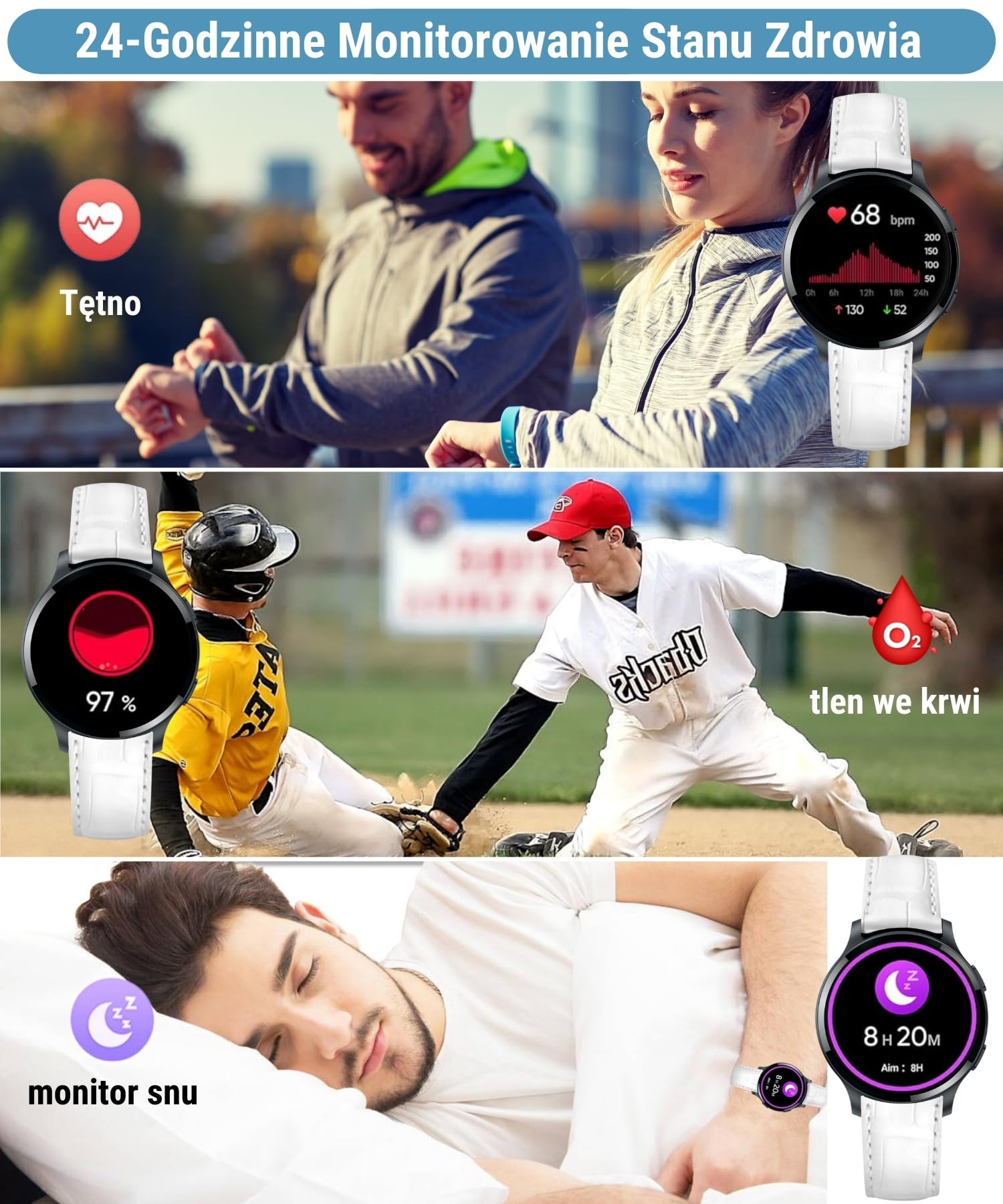 Smartwatch damski z funkcją telefonu, 1,5" zegarek fitness na rękę, zegarek sportowy z pulsometrem, sterowanie muzyką, krokomierzem, kalorii, wodoszczelny tracker fitness (Z-biały/skóra, 1.5")