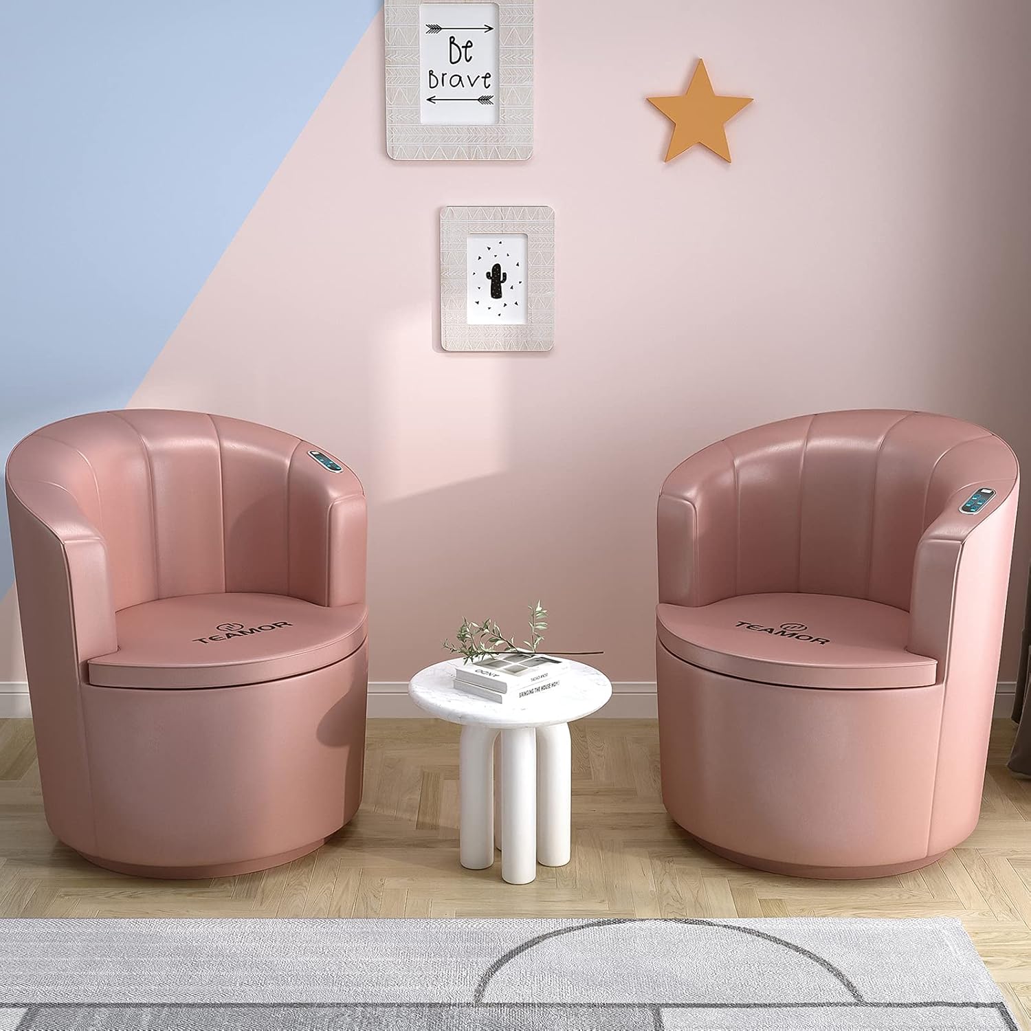 TEAMOR Lounge Back Massage Chair - Slade Contemporary Leisure Massager Armchair for Salon Spa and Home, Round Barrel Accent Swivel Chair, Light Pink : Beauty & Personal Care