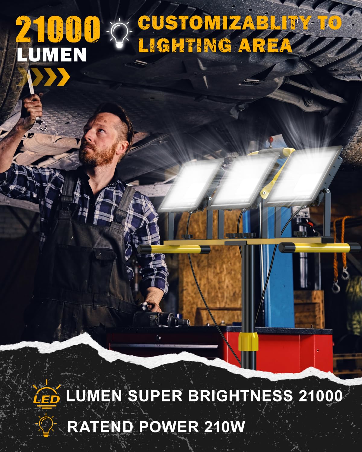 Oświetlenie robocze LED 21000 lumenów ze stojakiem, przenośne 3-głowicowe światło robocze z kablem o długości 16 stóp, wodoodporny statyw IP66 oświetlenie robocze do użytku wewnątrz i na zewnątrz,