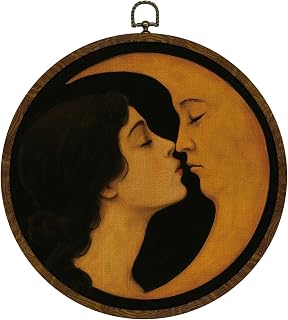 KLYTINK Romantic Moon & Young Girl 10x10 Round Canvas Wall Art - Vintage Celestial Print for Bedroom, Gallery Wall, Dreamy Decor