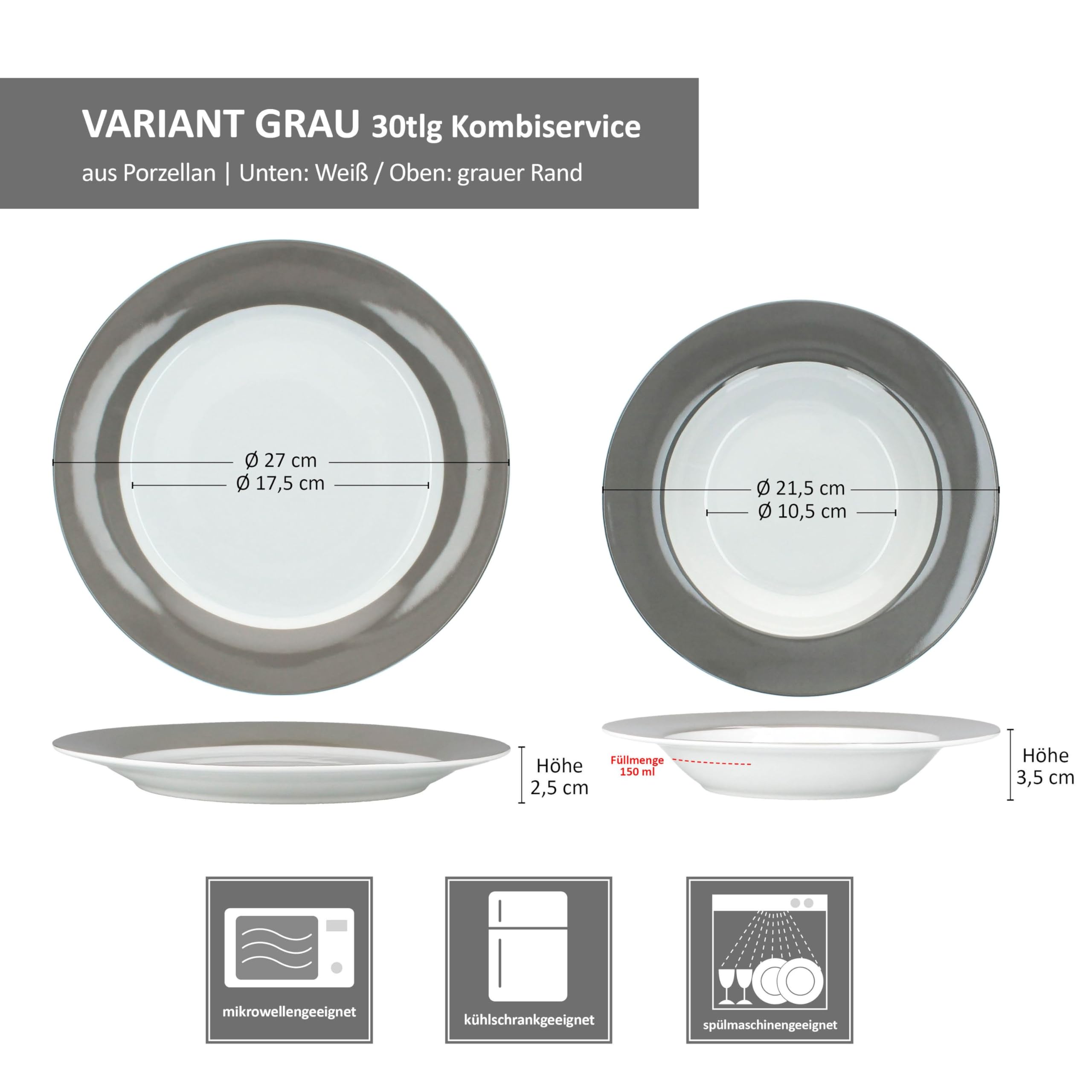 MamboCat Service combiné Variant Gris 30 pièces I Service de table en porcelaine avec bord gris pour 6 personnes I 6 tasses à café de 200 ml, 6 soucoupes, assiettes à gâteau, assiettes creuses et