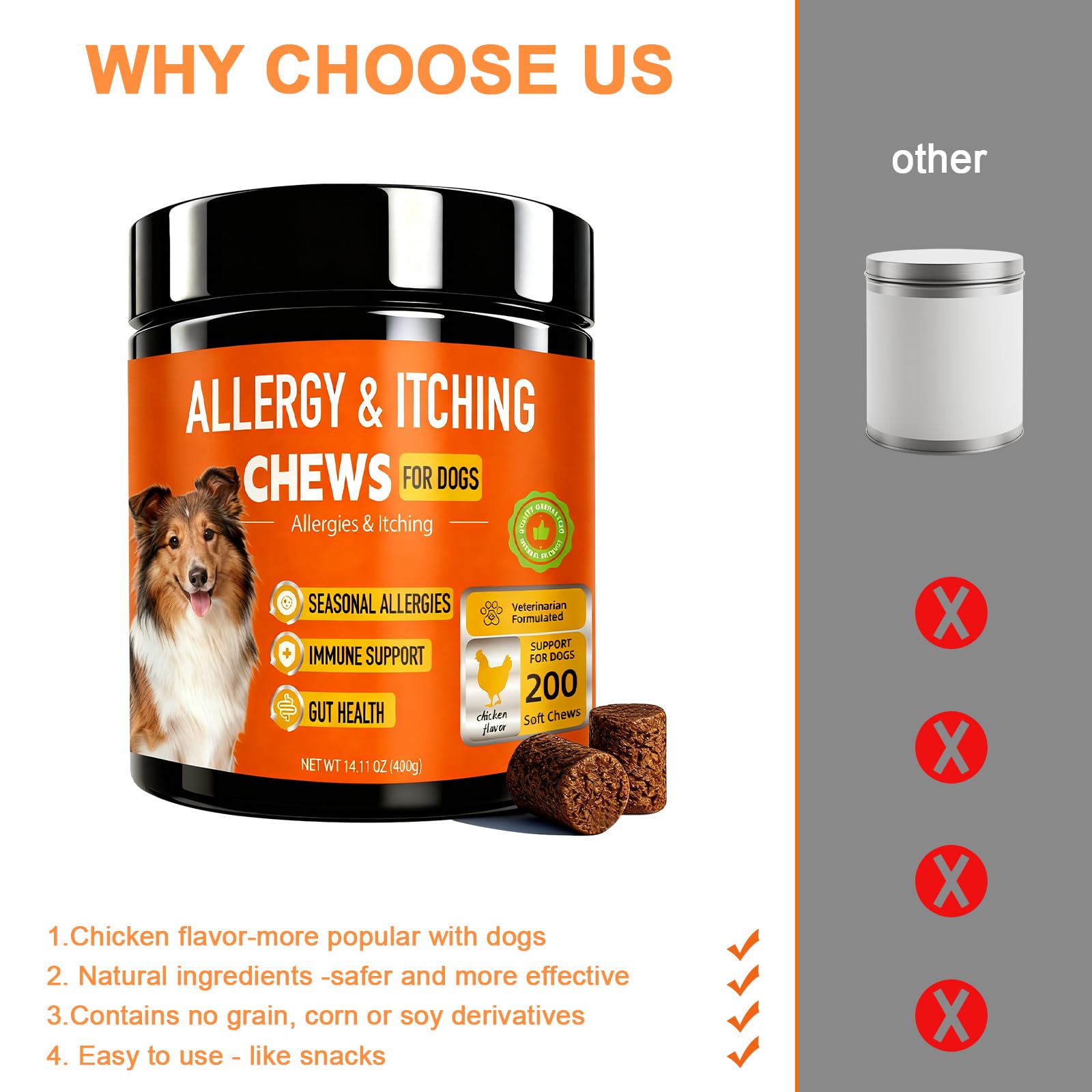 Dog Allergy Chews 200ct,Probiotics for Dogs Itching Skin Relief for Skin and Paw Licking, Dog is Human Multivitamin Itch Relief for Seasonal Allergies-Support a Healthy lmmune System Chicken Flavor — view 3