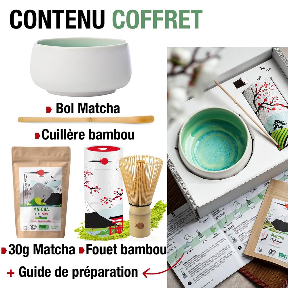 ORIGEENS Kit Matcha Complet JADE - Conditionné en France - Matcha Kit avec Bol Matcha Artisanal (Portugal), Fouet Chasen, Thé Matcha BIO Japonais et Cuillère doseuse Chashaku