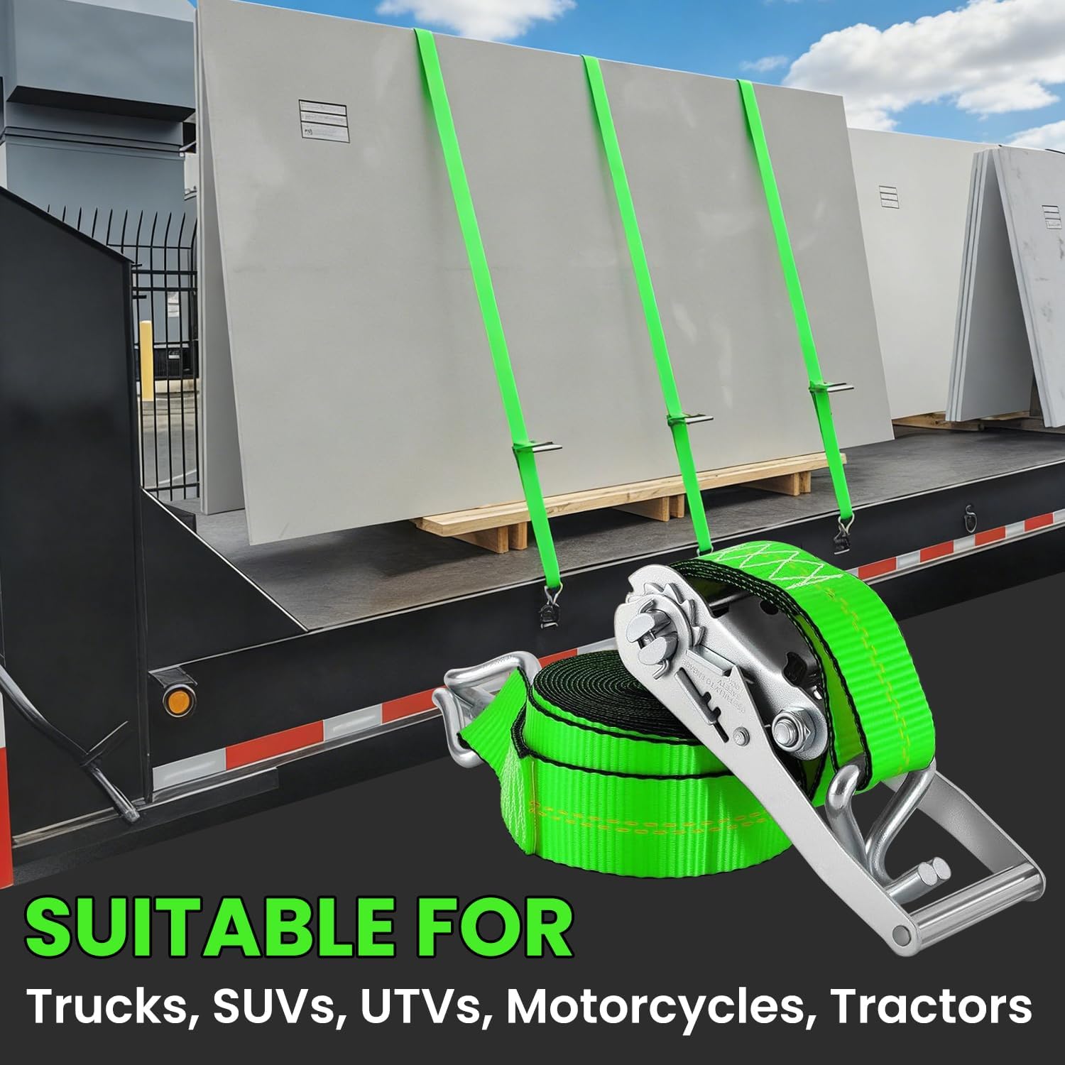 2"x20' Ratchet Straps with J Hooks - 10,000lb Break Strength/ 3,333lb Load Capacity Ratchet Tie Down Strap - Ratchet Straps Heavy Duty - Cargo Straps for Truck, Lawn Equipment, Car Roof, 4 Pack(Green)