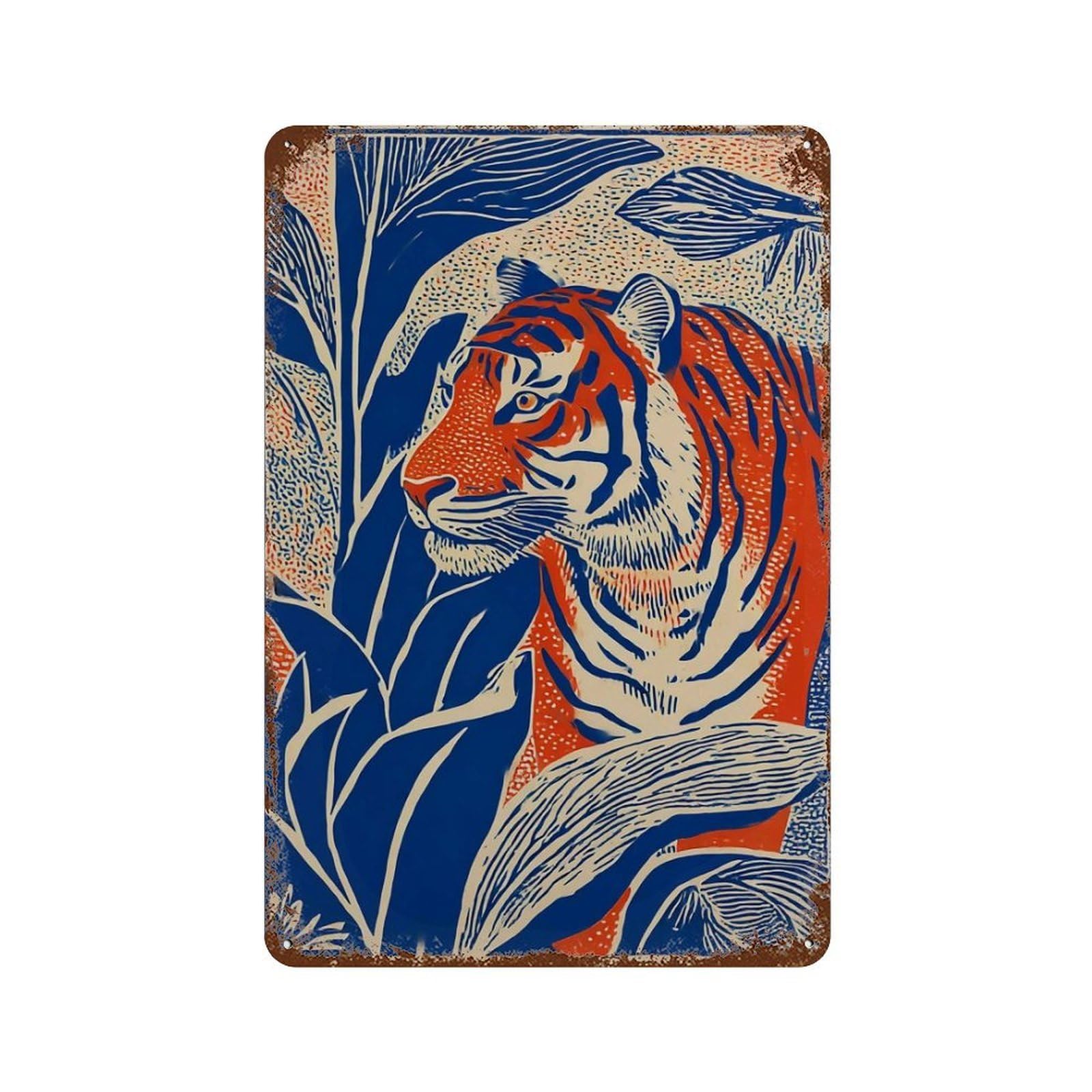 xiaoxiaoshen Blue Orange Tiger Bold Jungle Graphic Safari Tropical Animal Vibrant Wildlife Wall Decor Art Metal Tin Poster Modern Home Decor Art Home Bar Shop Decorations Vintage Sign 30x20cm