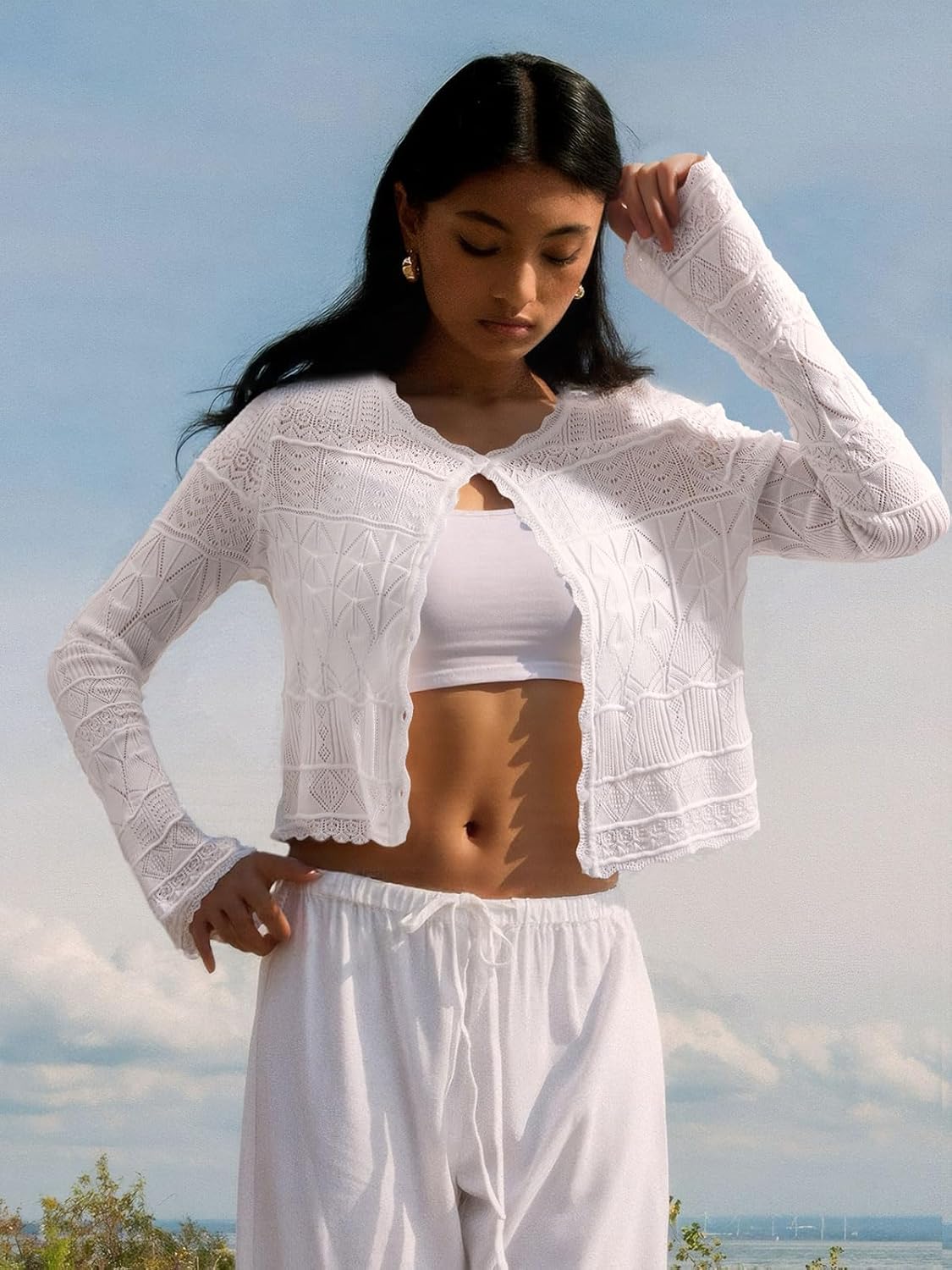 FAIRY SEASON Women's Cropped Cardigan Sweater Bell Long Sleeve Lightweight Crochet Button Down Knit Bolero Shrugs for Dresses - Image 3