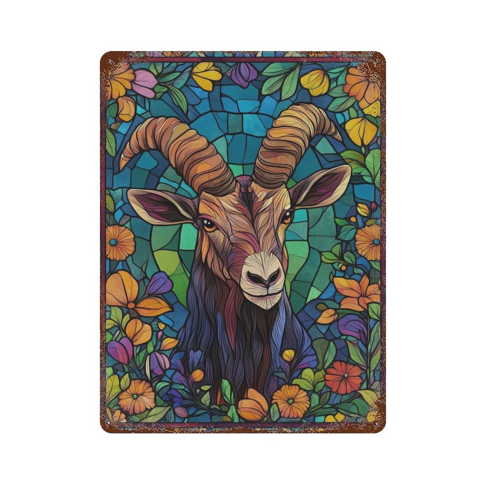 Stained Glass Goat Vintage Wall Sign 15.7"x11.8", Rust Effect Metal Decor for Living Room, Hallway And Home Decor
