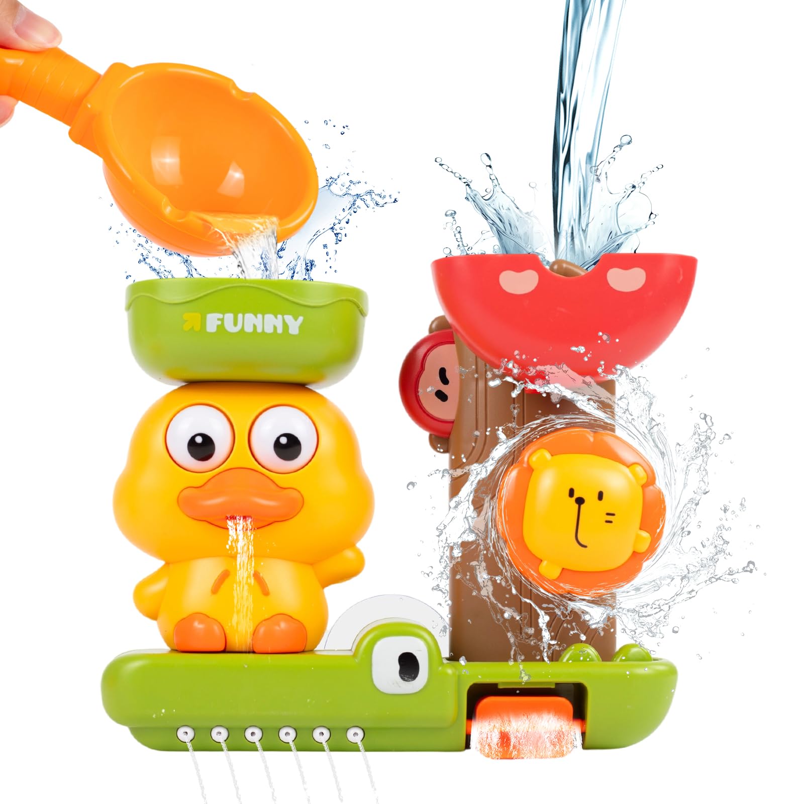 Bath Toys for Toddlers 1-3, Water Wheel Bath Toy Duck and Lion with Suction Cup, Baby Shower Sensory Toys for 1 2 3 4 Year Old Boys Girls, Birthday Gift Bathtub Fun