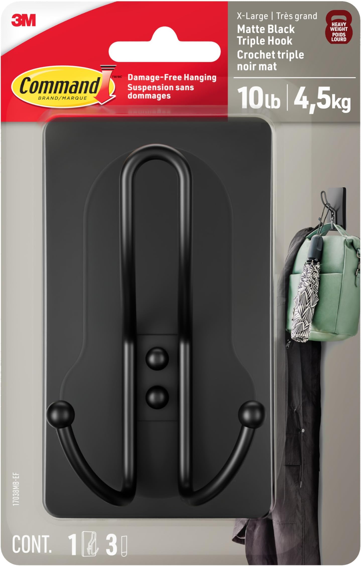 Command X-Large Matte Black Triple Hook, 1 Hook, 3 Strips, Damage-Free Hanging with Adhesive Strips, No Tools Wall Hook for Hanging Decorations in Living Spaces
