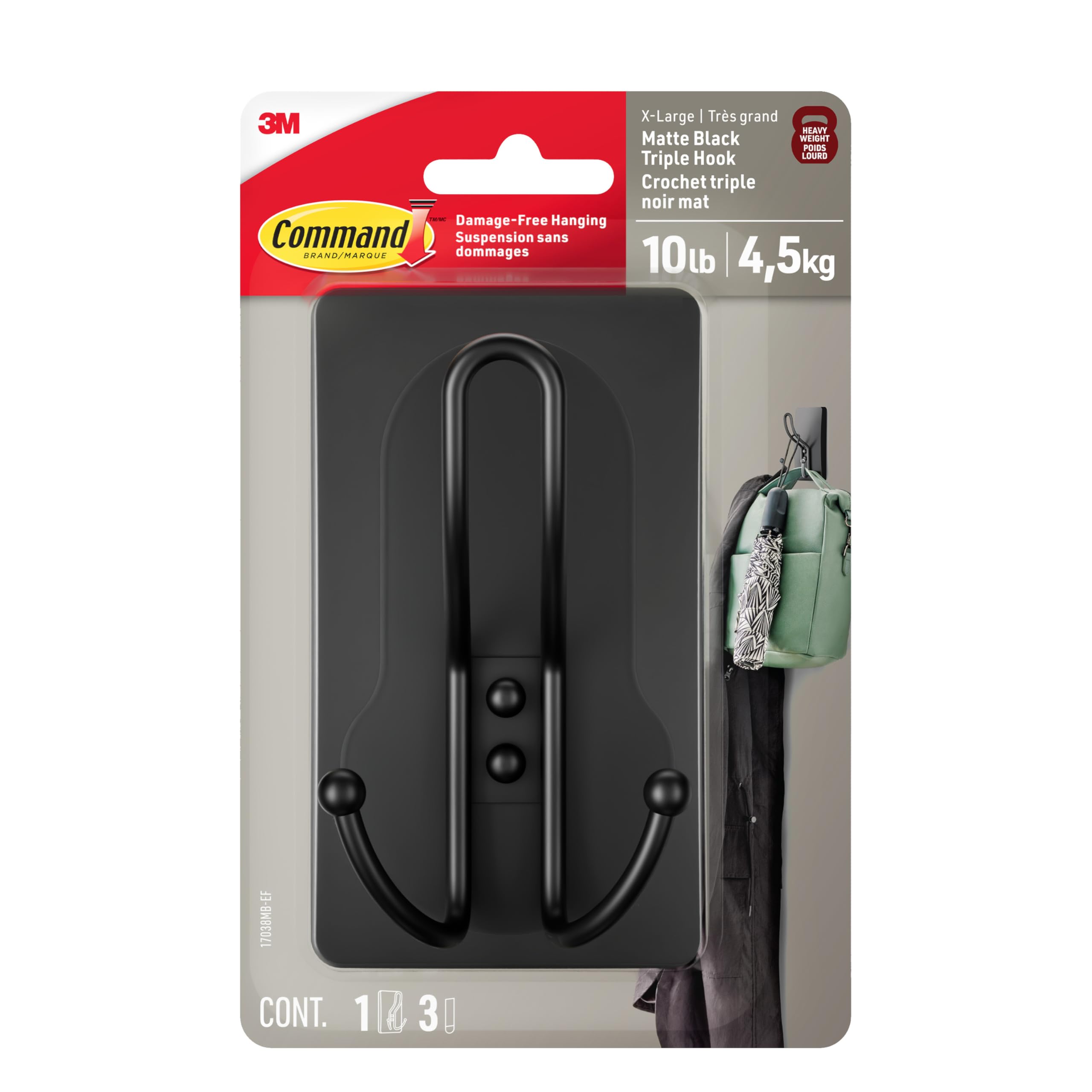 Command X-Large Matte Black Triple Hook - home storage hooks | Mubboo