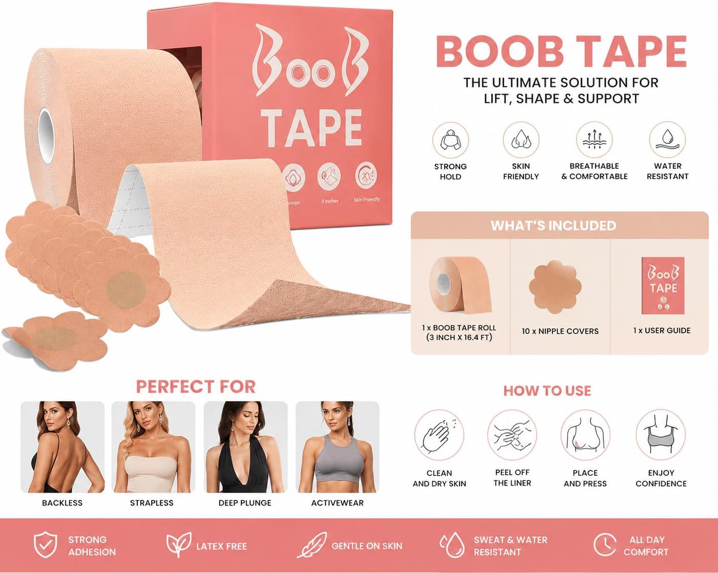 Boob Tape Kit for Breast Lift- Breathable Adhesive Sticky Bra Tape with 10 Nipple Covers | Invisible Push Up Support for Backless, Strapless & Deep Neck Dresses | Skin Tone Beige