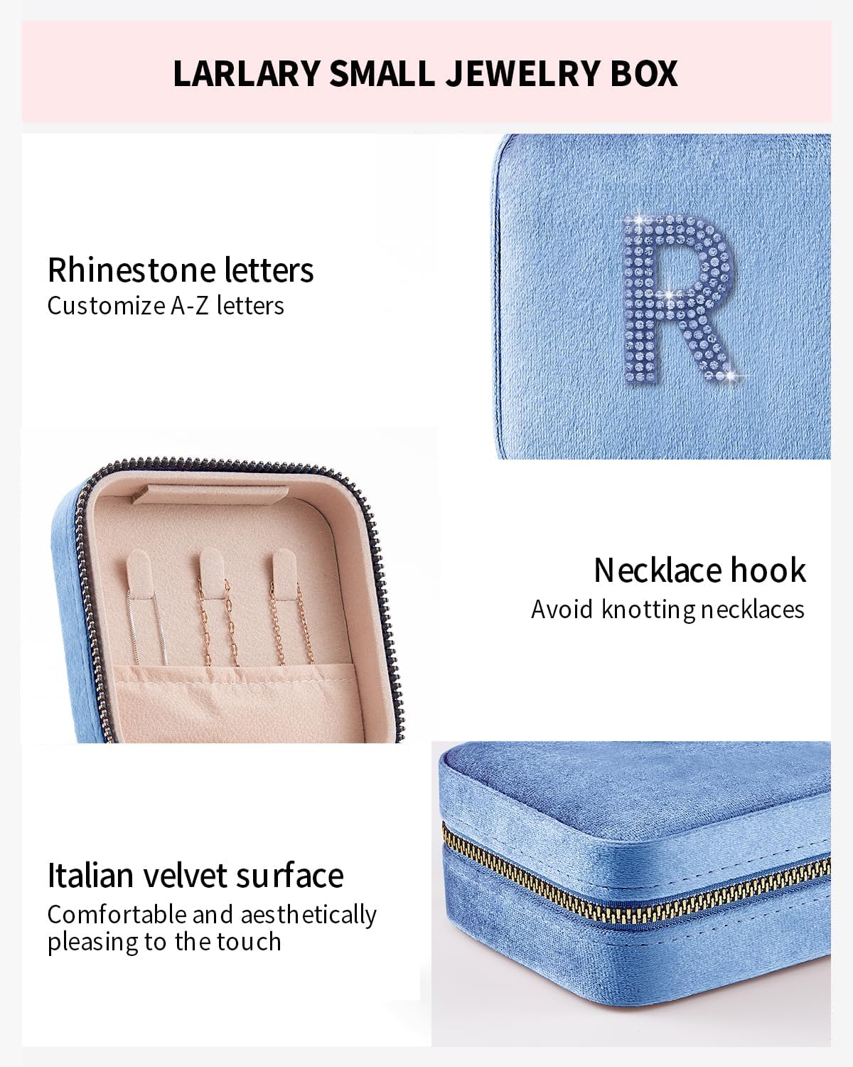 Travel Jewellery Box Travel Jewellery Box for Rings, Earrings, Necklaces and Bracelets with Letters - Pink (Blue, R) image 2