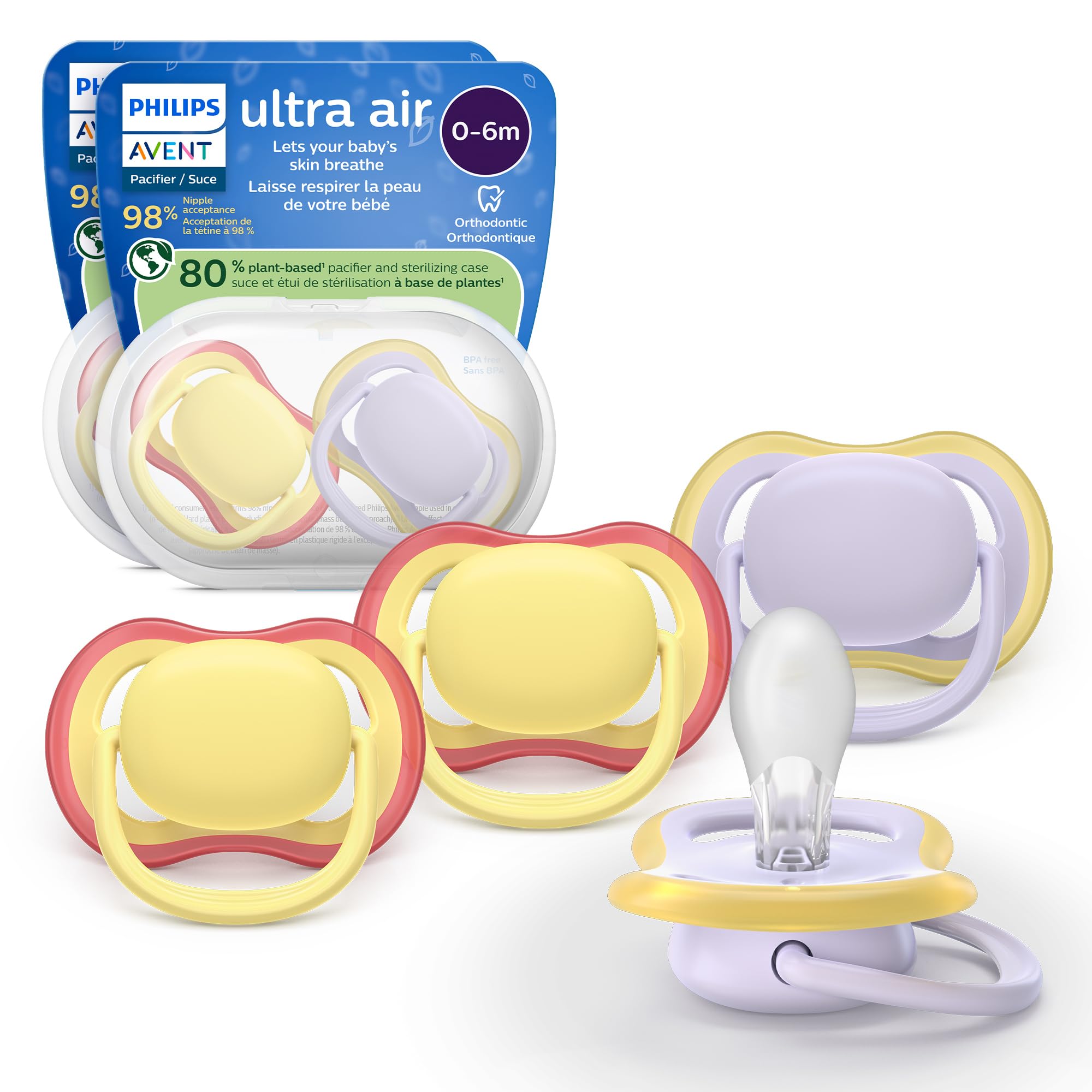 Philips Avent Ultra Air – Lot de 4 tétines symétriques en silicone souple, sans BPA, 2 étuis de stérilisation, pour bébés de 0 à 6 mois, SCF087/20