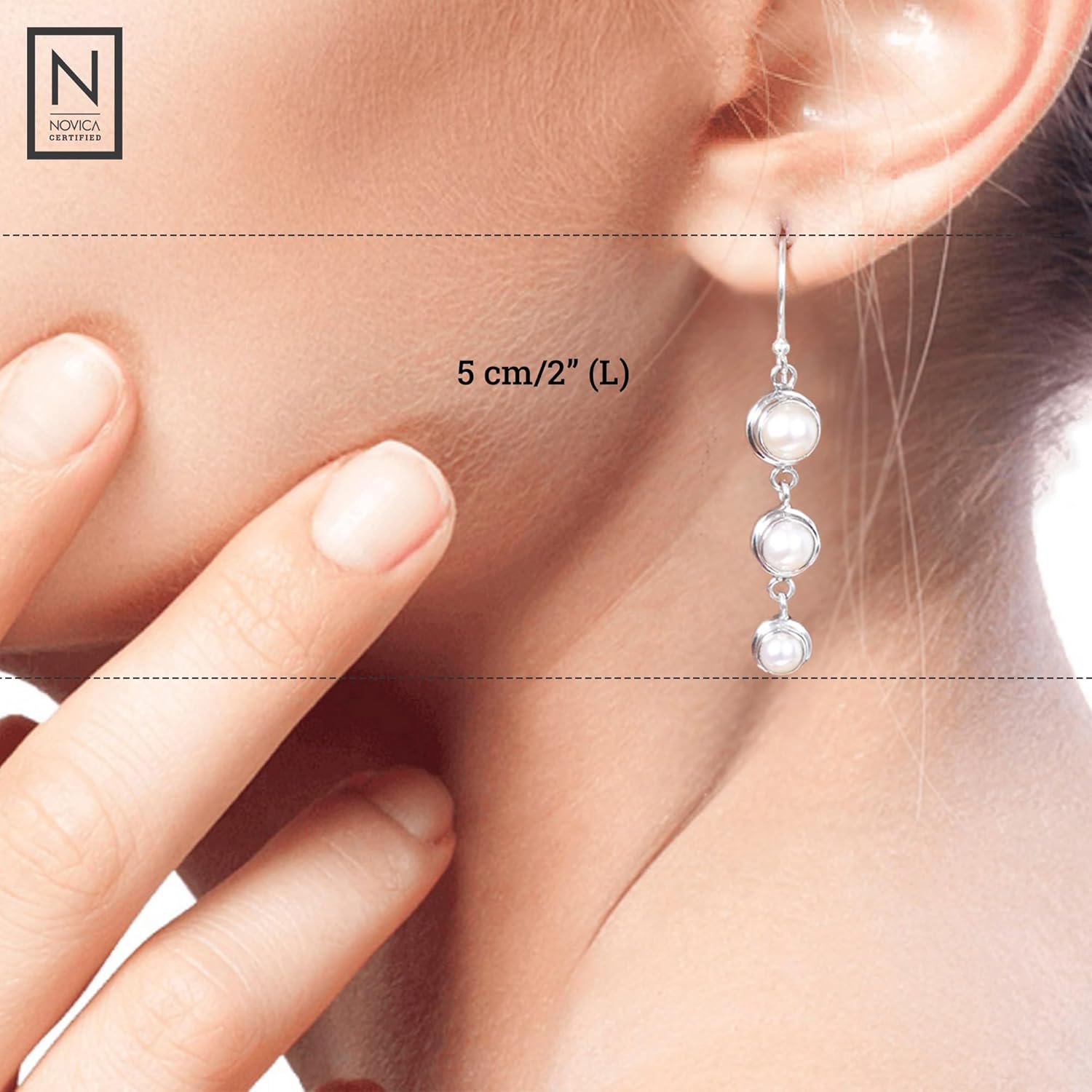 NOVICA Artisan Handmade Cultured Freshwater Pearl Dangle Earrings .925 Sterling Silver White Indonesia Bridal Birthstone 'Three Full Moons' - Image 6