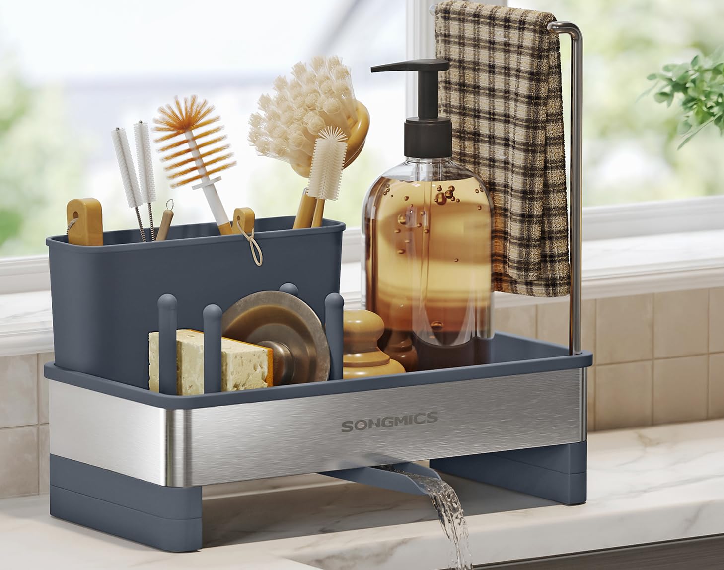 SONGMICS Spülbecken-Organizer, Küchen-Organizer mit Schwammhalter, Spüle Organizer, für Bürsten, Spülmittel, Spültuchhalter, Edelstahl, platzsparend, drehbarer Ablauf, schiefergrau-silbern KCS555GN01