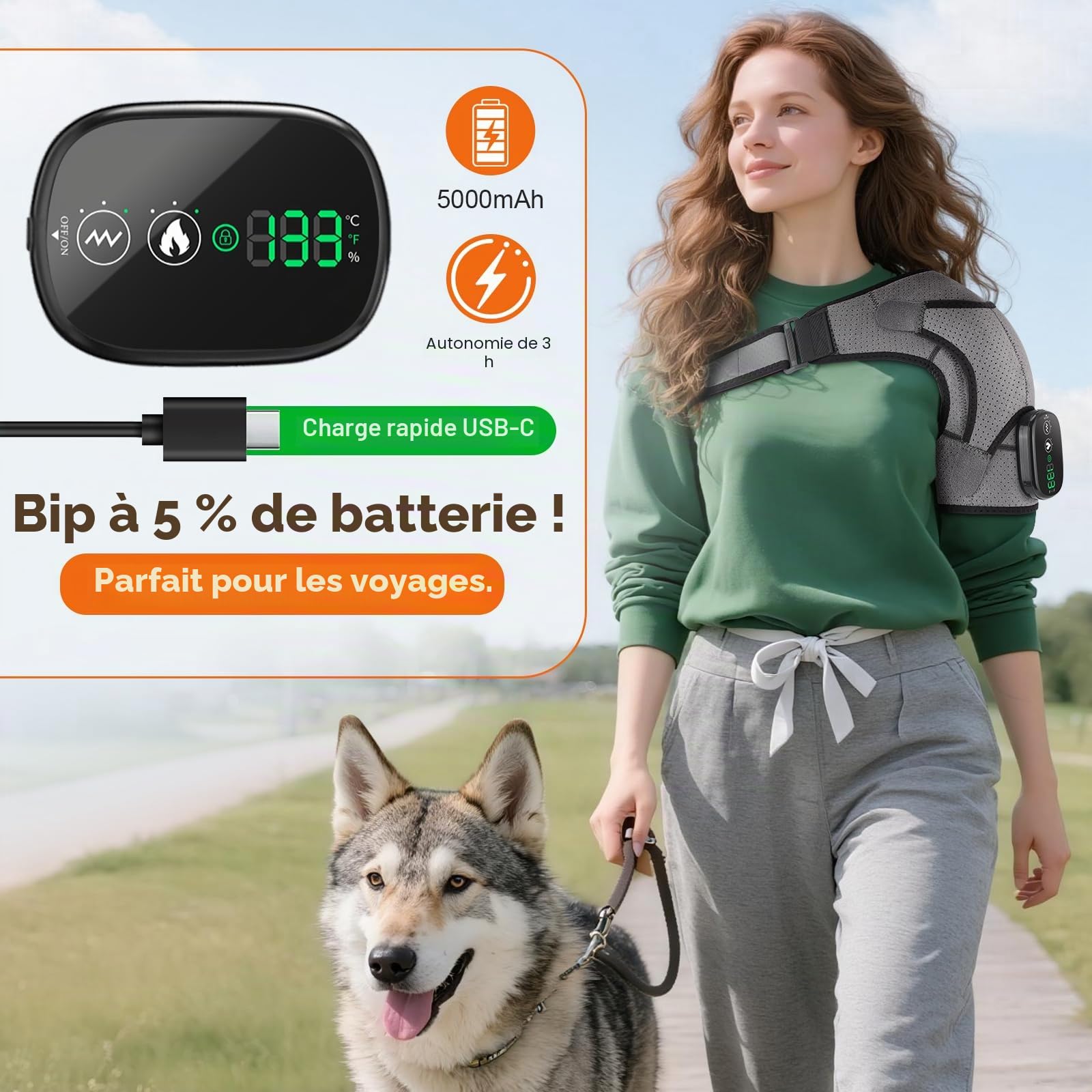 MOAJAZA Coussin de Massage Chauffant Sans Fil pour Épaule, Attelle Chauffante 3 en 1 (Chaleur + Vibration), Idée Cadeau Noël pour Femme et Homme, Autonomie 5000mAh, Lavable