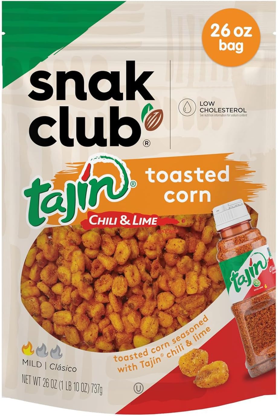 Snak Club Tajin Toasted Corn, Roasted Corn Nuggets with Chili and Lime Seasoning, Mild, 26 oz Resealable Bag