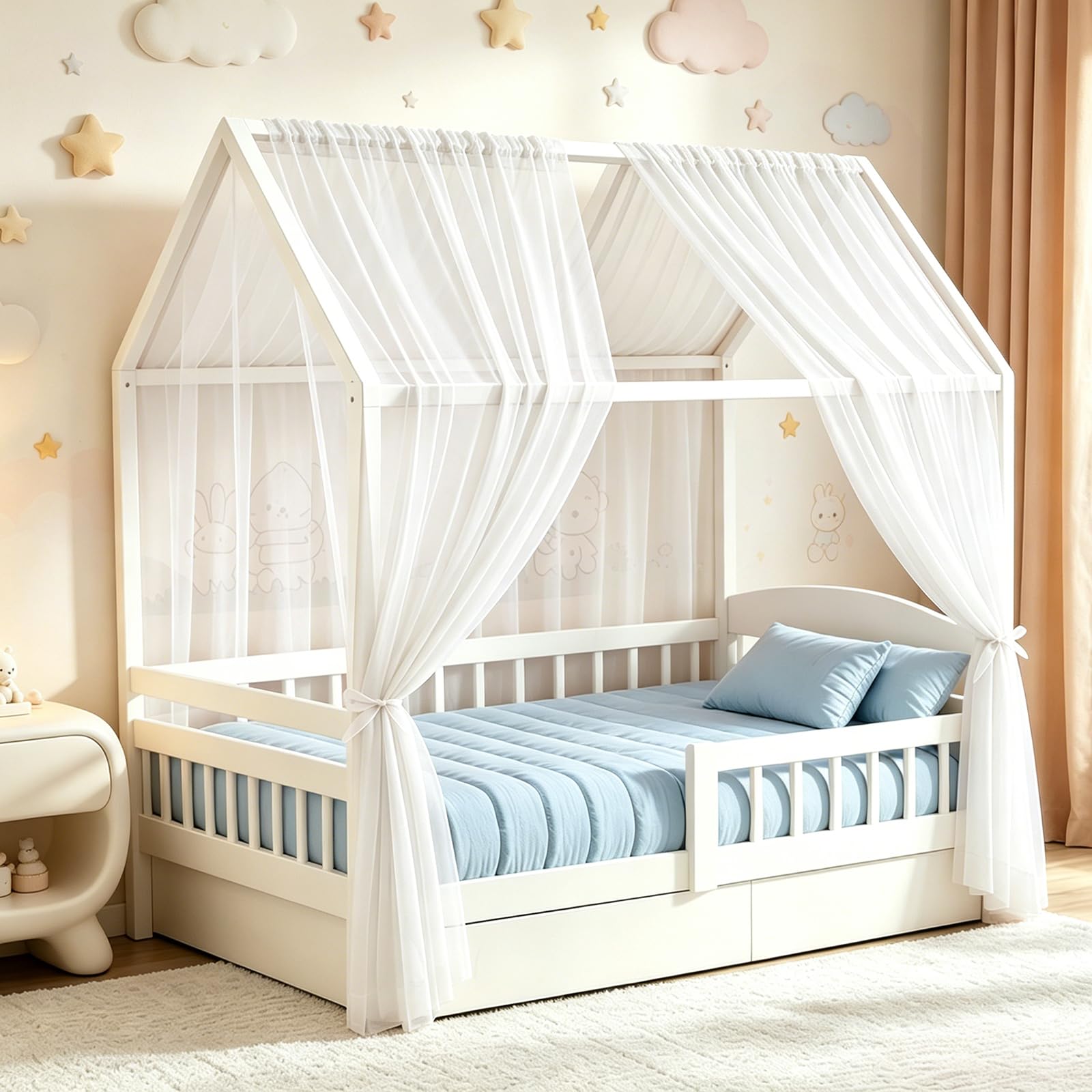 House Bed Canopy, Bed Canopy, House Bed, Fabric Canopy for House Beds, Girls, Boys, Canopy, Handmade House Bed Decoration with Fabric Curtain, Bed Canopy (Milanese Tulle - White, H350 x W150 cm (Pack