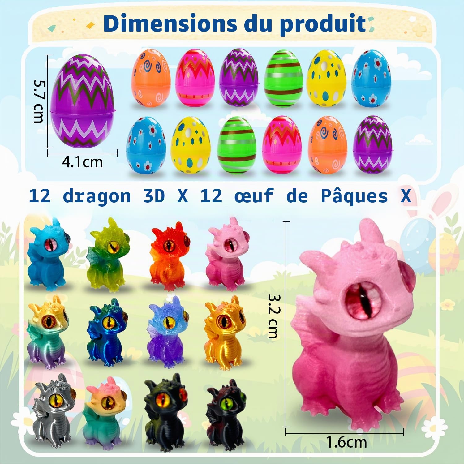 Œufs de Pâques avec Dragons 3D – Lot de 12 Œufs Réutilisables Préremplis, Figurines Dragon Colorées pour Enfants, Chasse aux Œufs & Cadeaux de Fête