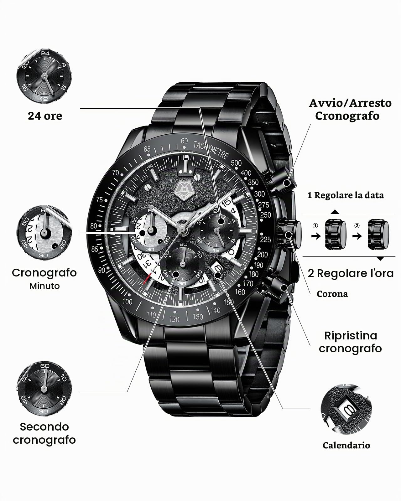 MEGALITH Acciaio Orologio Uomo Analogico Cronografo Orologio Quarzo Calendario Classico Orologi da Polso Uomo Elegante Grande Impermeabile Regalo