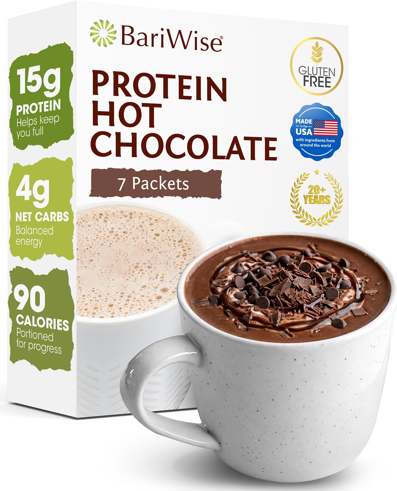 Protein Hot Chocolate Drink with Casein Protein – 7 ct (Chocolate) | 15g Protein, 90 Calories, Low Sugar, 4g Net Carb, Gluten-Free, Keto-Friendly – Hot Chocolate Drink Mix, Bariatric Must-Haves