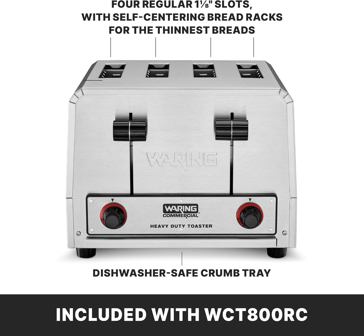 Waring Commercial WCT800RC 4-Slice Heavy Duty Commercial Pop-Up Toaster, 120V, 1800W, 5-15 Phase Plug