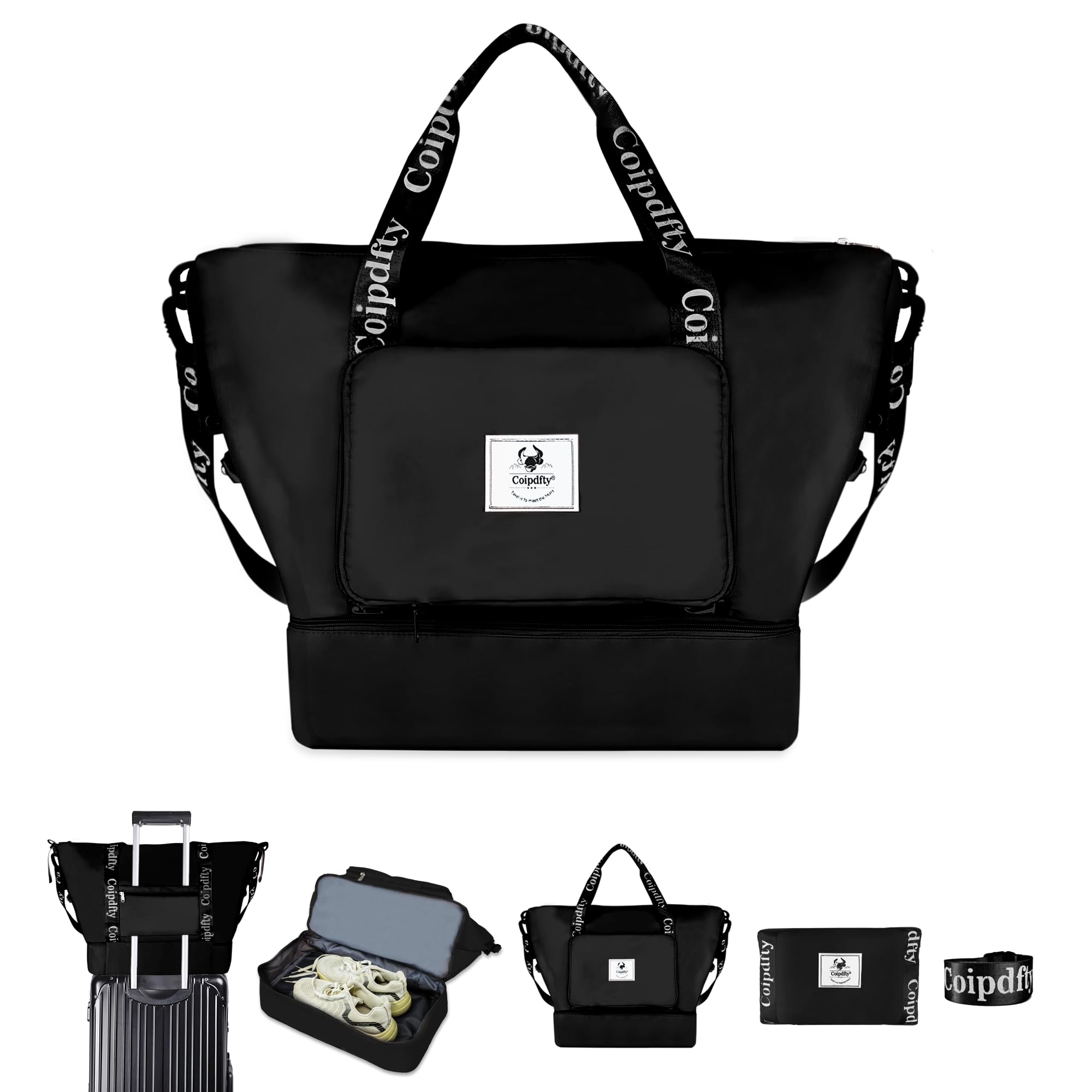 Foldable Dry/Wet Travel Duffle Bag, Shoe Compartment, Large Capacity, Luggage Sleeve, Gym Weekender Bag