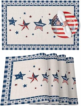Placemats Set of 6, Independence Day Stripes Flag Freedom Stars Buffalo Grid Blue Non-Slip Burlap Place Mats for Dining Table Kitchen Holiday Party Family Dinners 13x19in