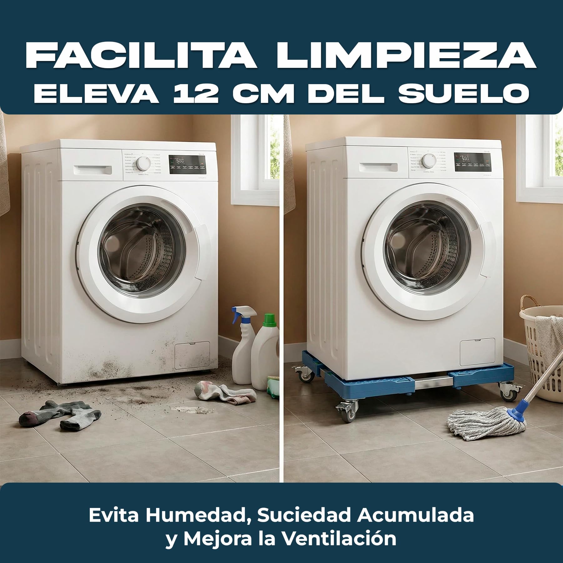 Base Regulable Carro para Lavadora con Ruedas Cia&Co – Soporte Ajustable 42,5–65 cm – Plataforma Móvil profesional hasta 300 kg – Para Frigorífico, Secadora y Electrodomésticos (BASE + 4 RUEDAS)
