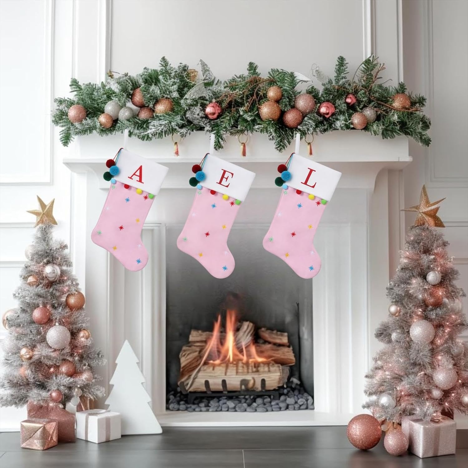 19 Inch Personalized Monogram Initial Christmas Stocking, Embroidered Fleece Stockings with Stars & Pom Poms, Holiday Fireplace Decor for Xmas Party,Festive Gift- Letter H - Image 5