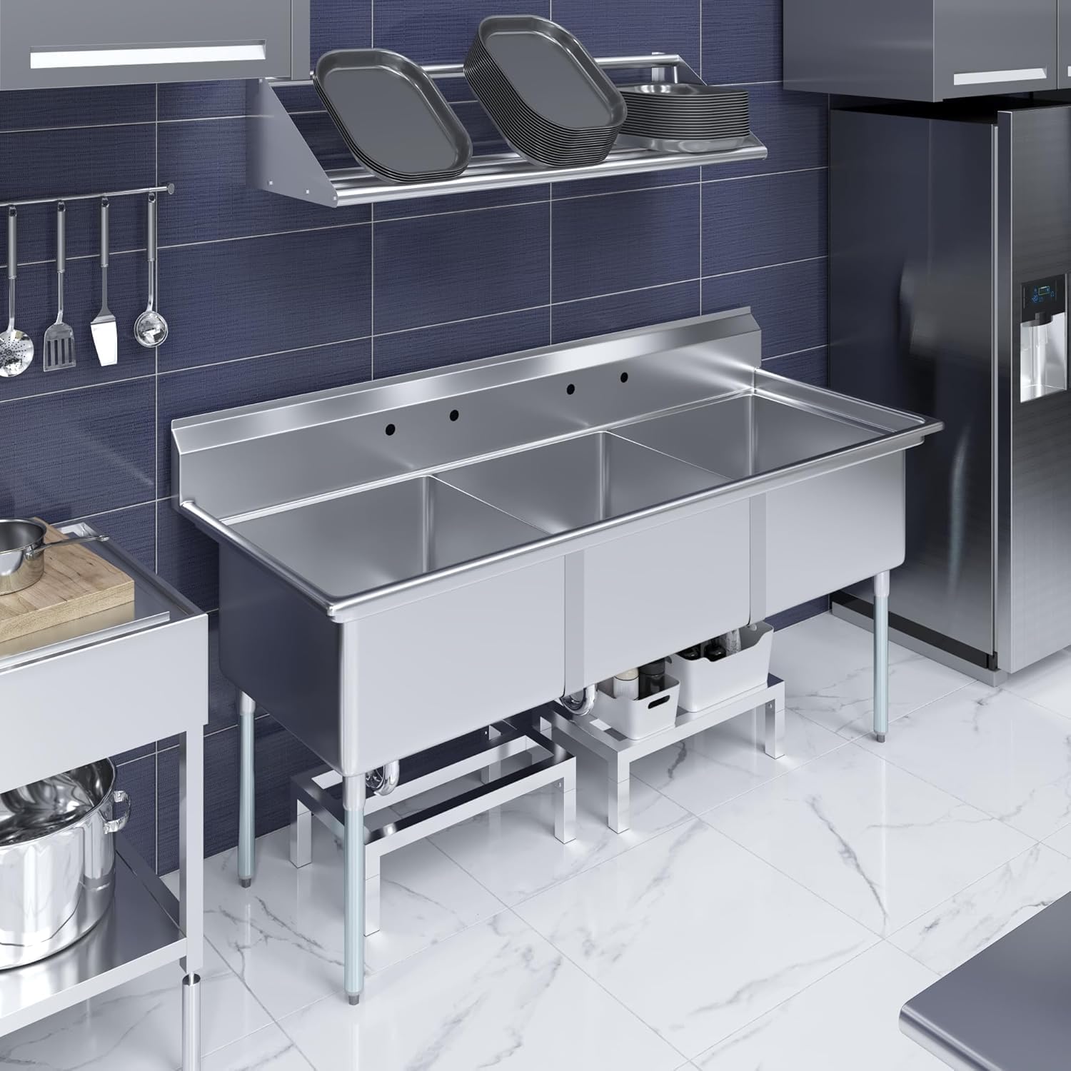 78" x 30" Stainless Steel Three Compartment Sink with 24" x 24" x 14" Bowls | NSF Certified Commercial Utility Sink with Backsplash, Galvanized Legs & Adjustable Feet