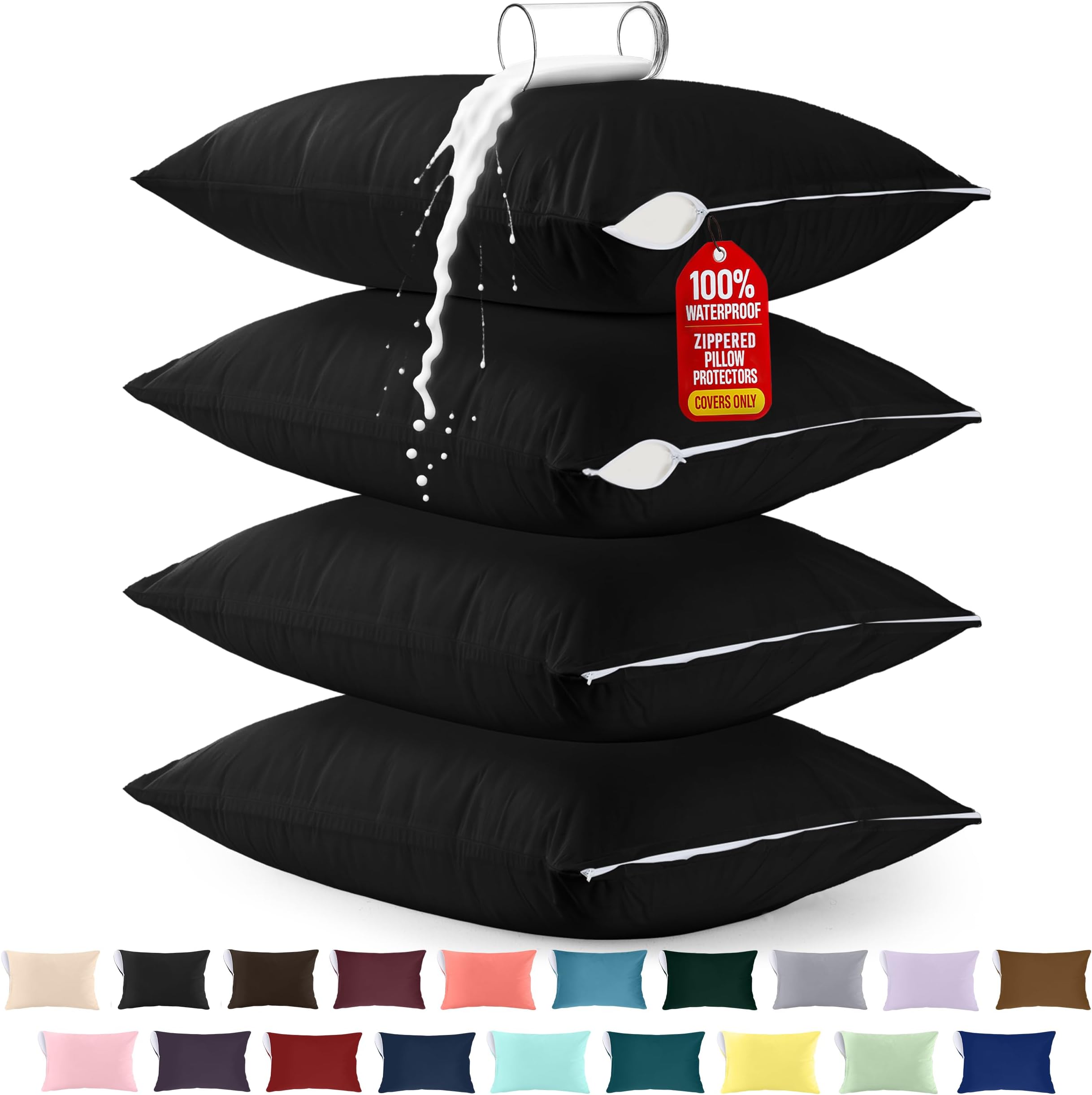 Utopia Bedding Premium 100% Waterproof Pillow Protectors with Zipper King Size (Set of 4), Bed Bug and Dust Mite Proof Zippered Pillow Covers, Pillow Encasement Cases, Black