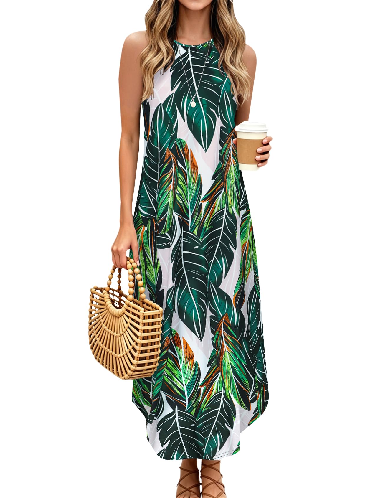 Halife Women's Summer Casual Sleeveless Beach Dress Long Halter Side Slit Maxi Sun Dresses