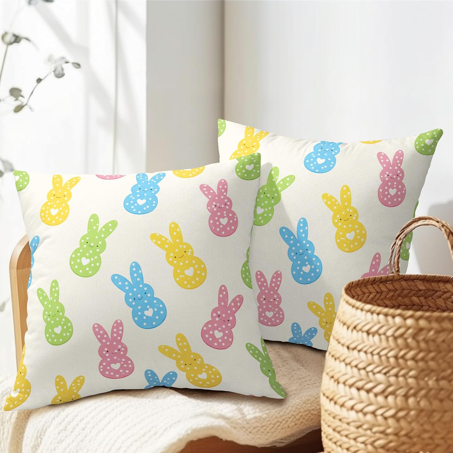 Easter Bunny Pillow Covers 18x18 Inch Colorful Peep Rabbit Polka Dot Decorative Pillow Cases Spring Easter Holiday Throw Pillows Set of 2 Seasonal Modern Farmhouse Home Decor For Sofa Couch Outdoor image 2