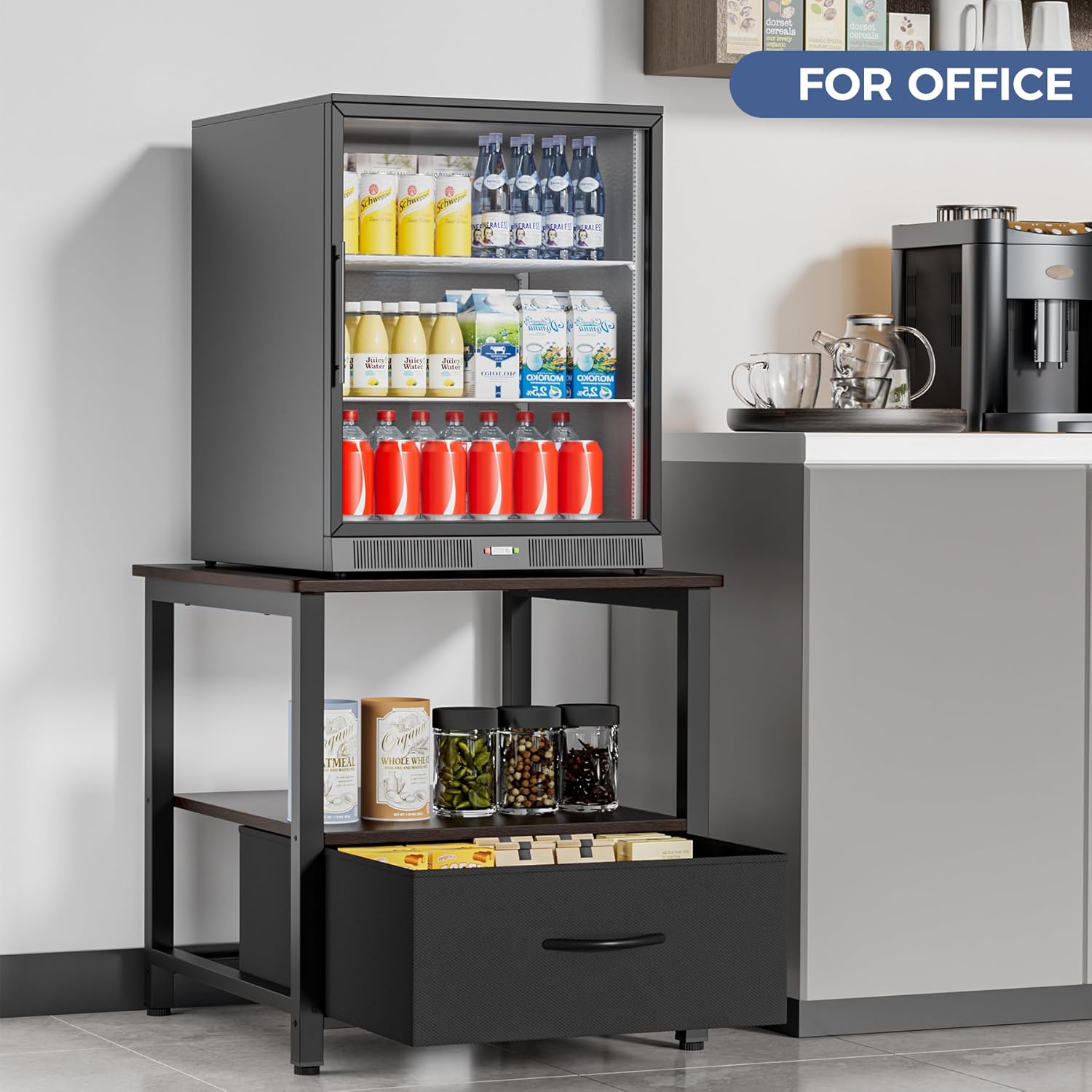 COOLBEBE Mini Fridge Stand with Fabric Drawer, Heavy Duty 220 lbs Load Capacity Beverage Refrigerator Cabinet, Wood Top Storage Table with Hidden Storage for Dorm, Office, Bedroom, Black Walnut