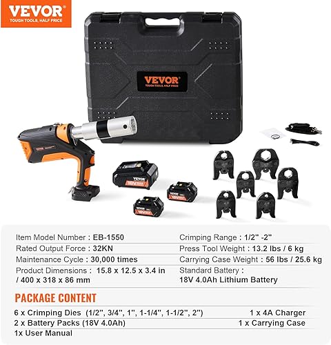 Miniatura 7 de VEVOR Herramienta de prensa profesional, herramienta de prensado de tubos eléctricos de 18 V para tubos de cobre de 12 a 2 pulgadas, crimpadora