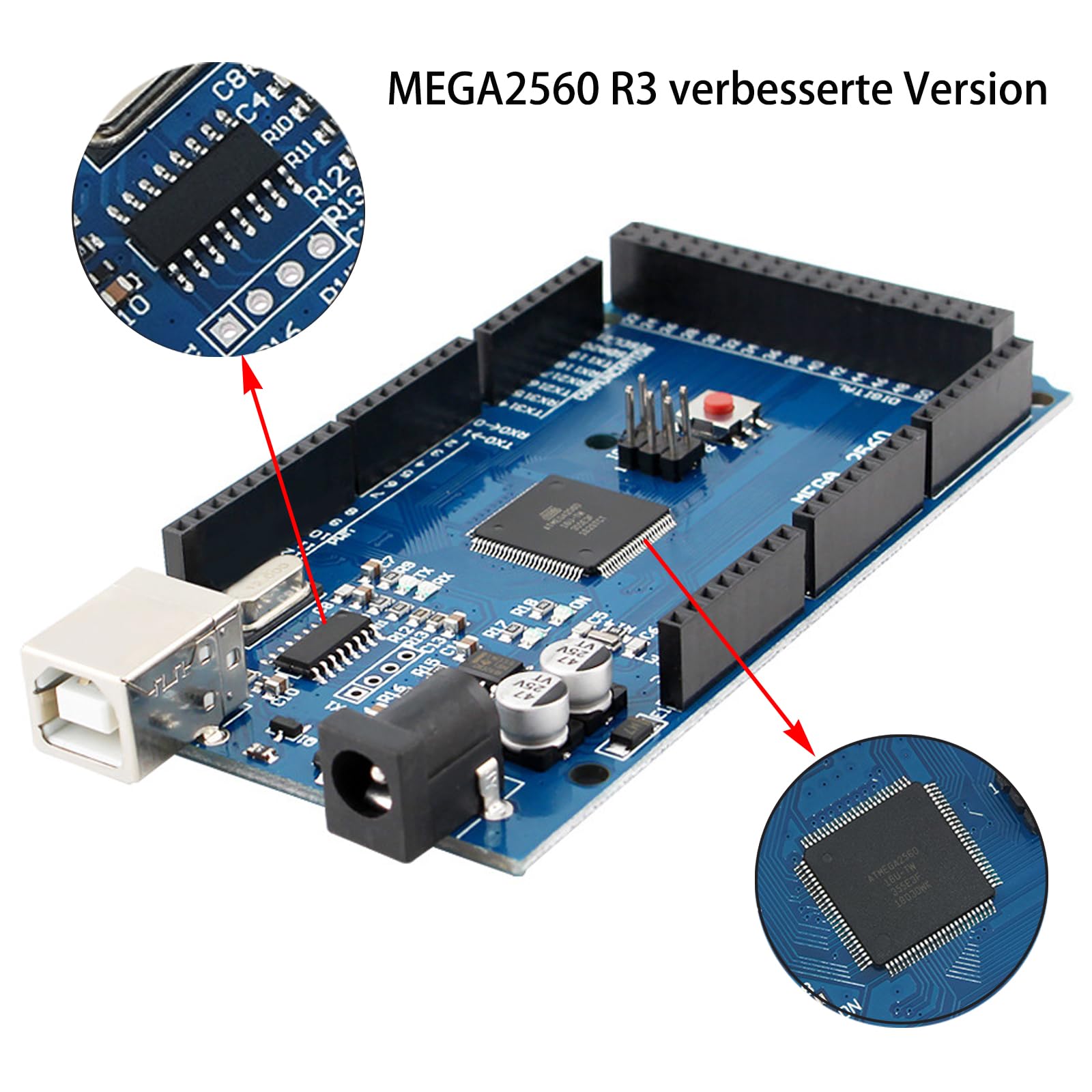 GERUI Scheda Mega-2560-R3, Scheda di Sviluppo Mega-2560 con Cavo USB Compatibile con modulo 2560 R3 Migliorato con Cavo Dati Alimentazione 6,5~12V Compatibile con Arduino IDE