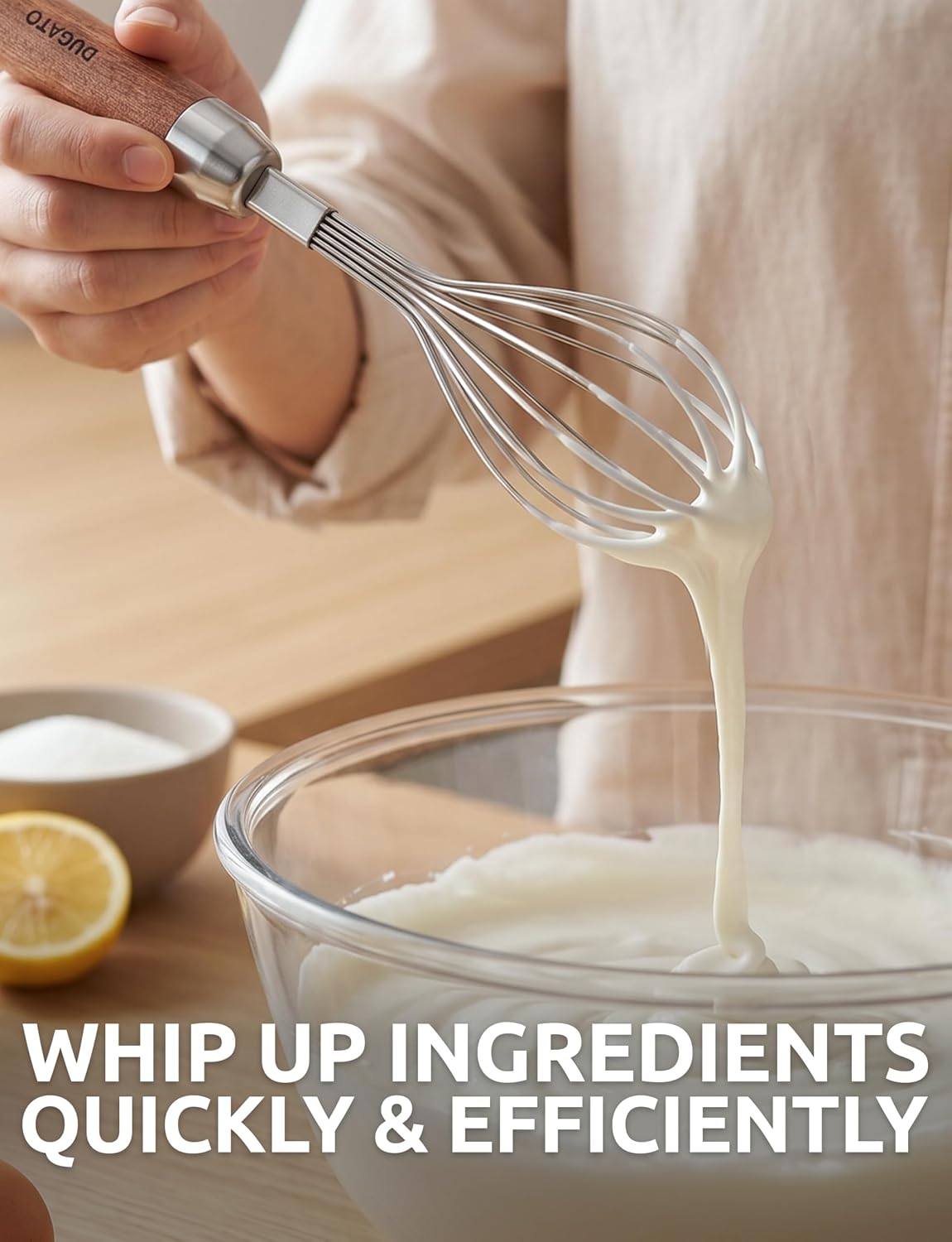 DUGATO Mini Egg Whisk 10 in, Stainless Steel with Wood Handle