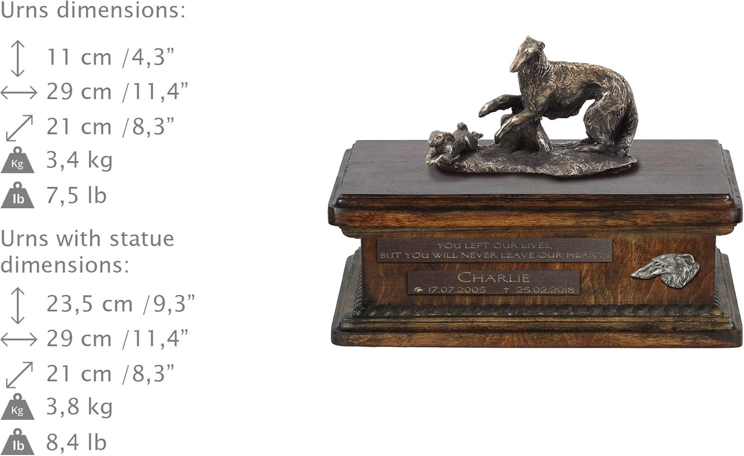 Art-Dog Custom Dog Sitting Statue Memorial Urn - Handmade Cold Cast Bronze on Birch Base – Sturdy and Stylish Urn for Dog’s Ashes – 8.3x11.4x8.7 – 5l – Borzoi