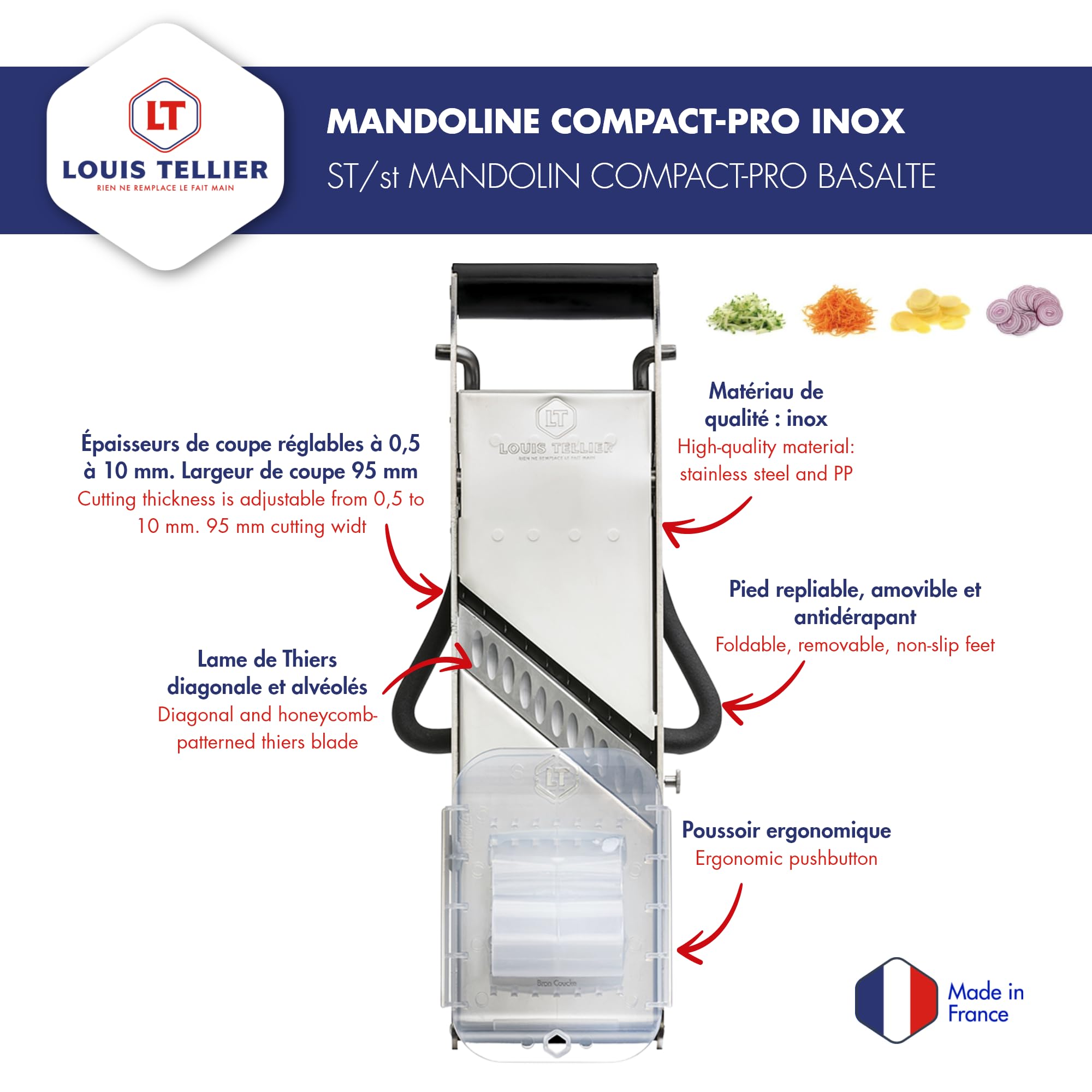 LOUIS TELLIER | Profi-Gemüsehobel aus Edelstahl Compact-Pro Basalt mit Ergonomischem Schieber | Obst- und Gemüseschneider und Frites und Juliennes | Dicke verstellbar | Made in France