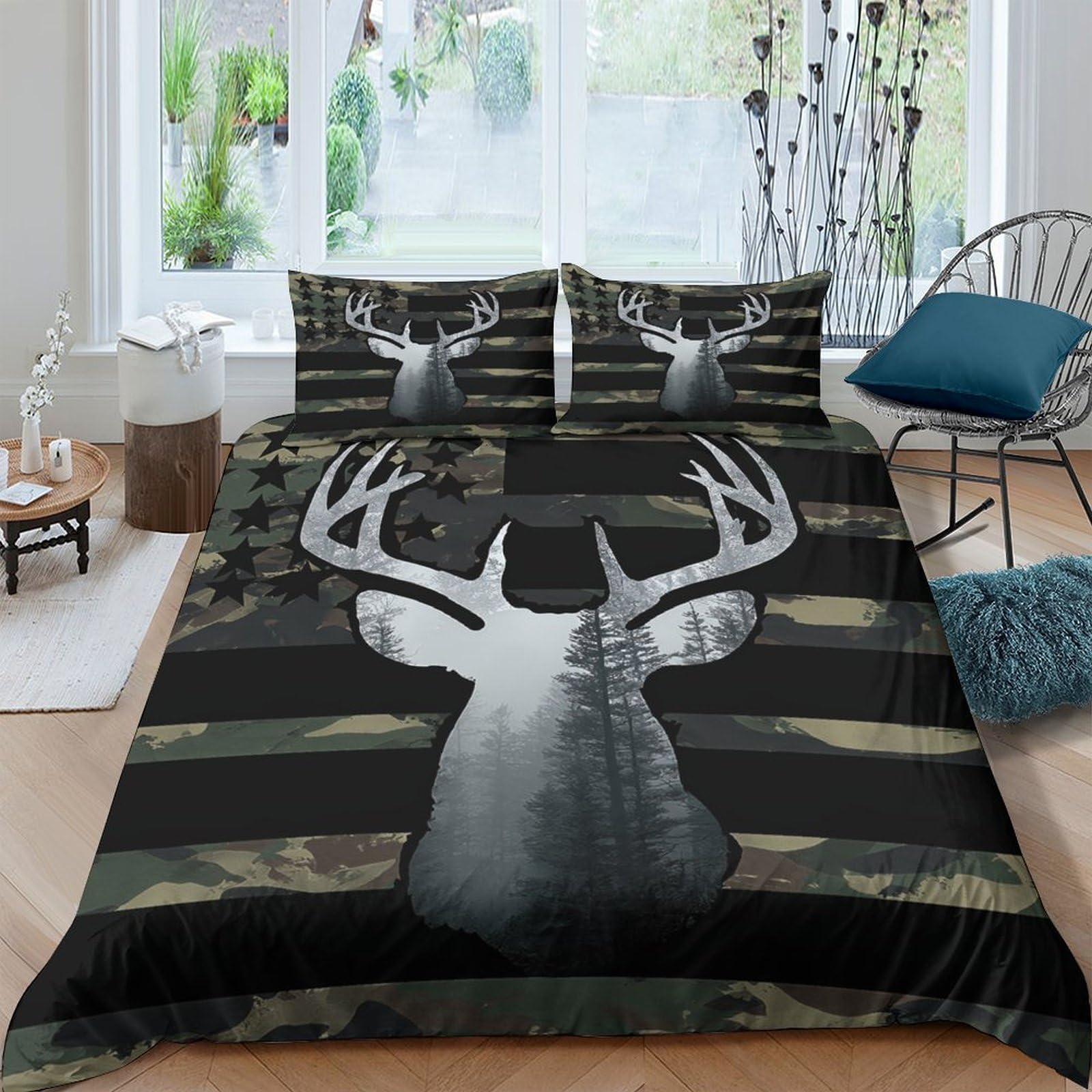 Ctjqhvkz Style-8 3D Printed Deer Head Fitted Sheet Microfiber Soft Breathable Black Antler Mattress Cover For Bedroom Dorm Easy Care Single（135X200cm）