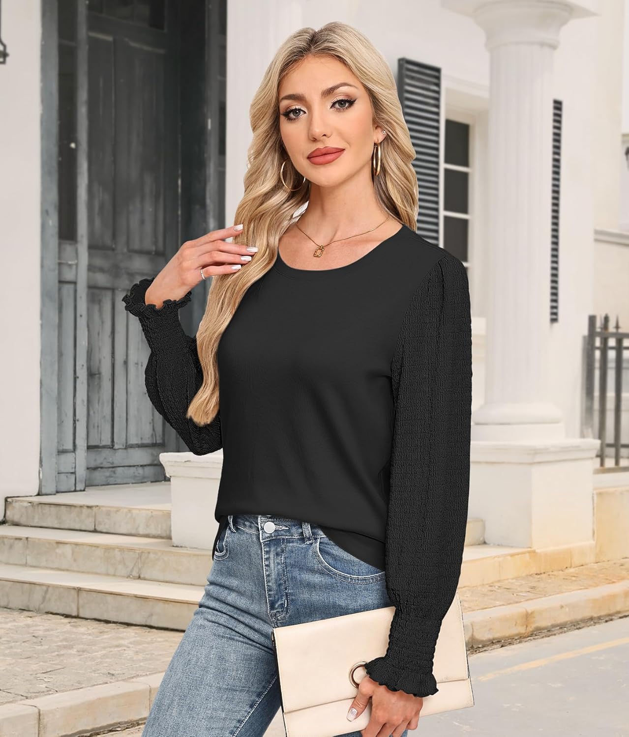 Blouses for Women Casual Puff Long Sleeve Shirts Fall Crew Neck Knit Textured Tunic Tops with Smocked Cuffs - Image 4